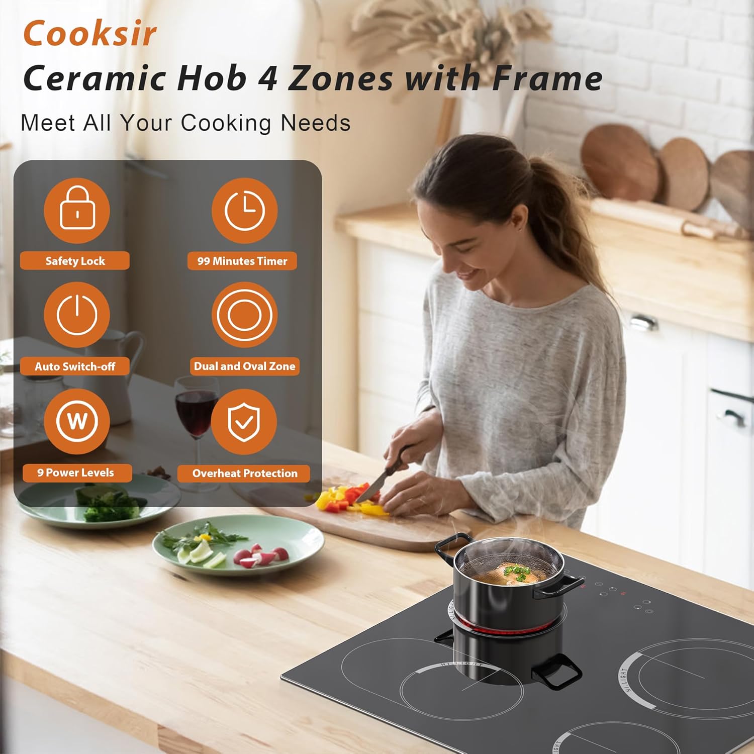 Cooksir Electric Hob 60cm, Ceramic Hob 4 Ring 6700W, Electric Hob 4 Zone with Expandable Dual and Oval Zone, Built-in Hob with Frame, Timer, Safety Lock, 220-240V(No Plug)
