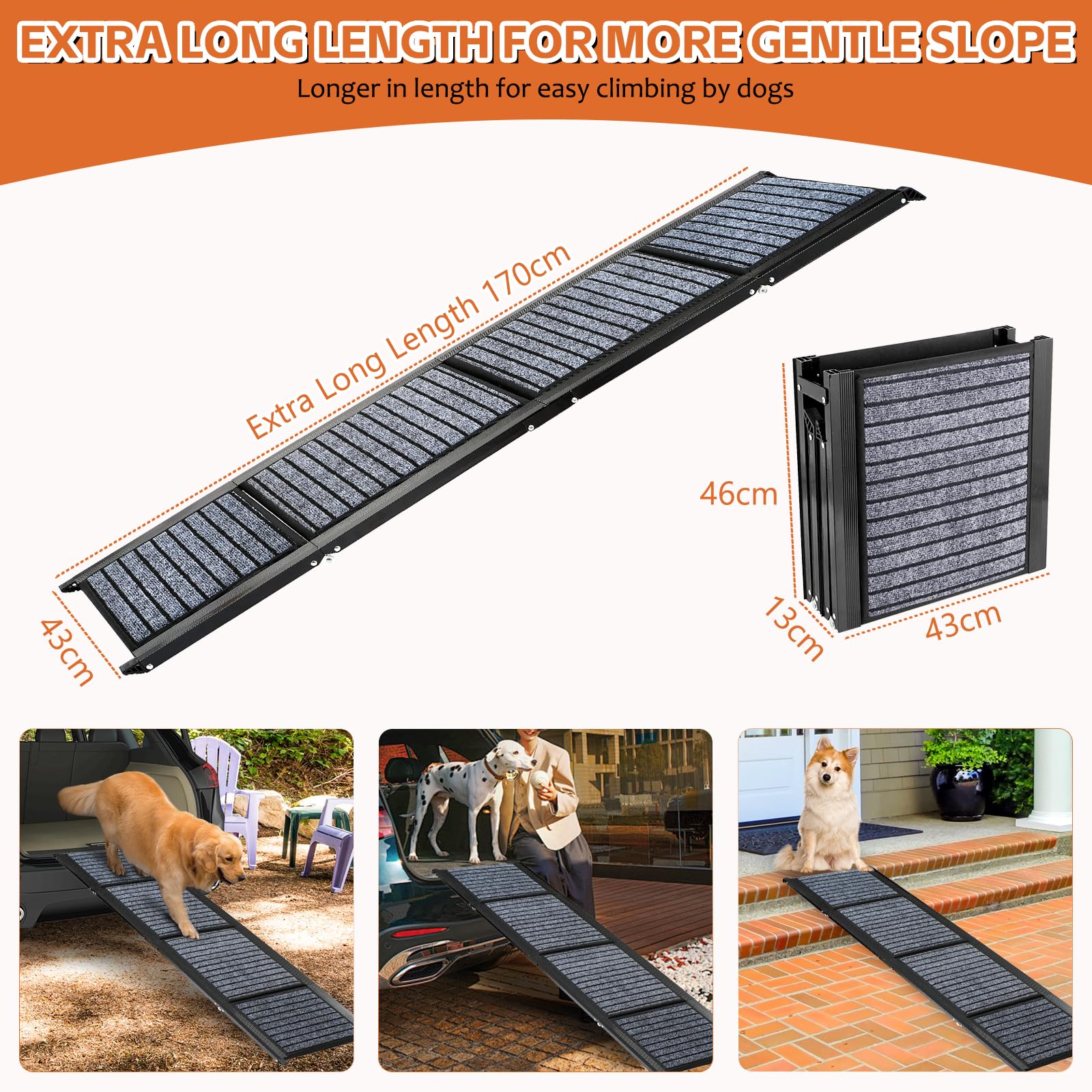 170cm Long Dog Ramp for Cars,43cm Wide Folding Dog Ramp for Large Dogs with High Traction Carpet Surface,Non-slip for Truck,SUV,Portable Pet Ramp Stairs for Medium Large Dog Up to 100kg