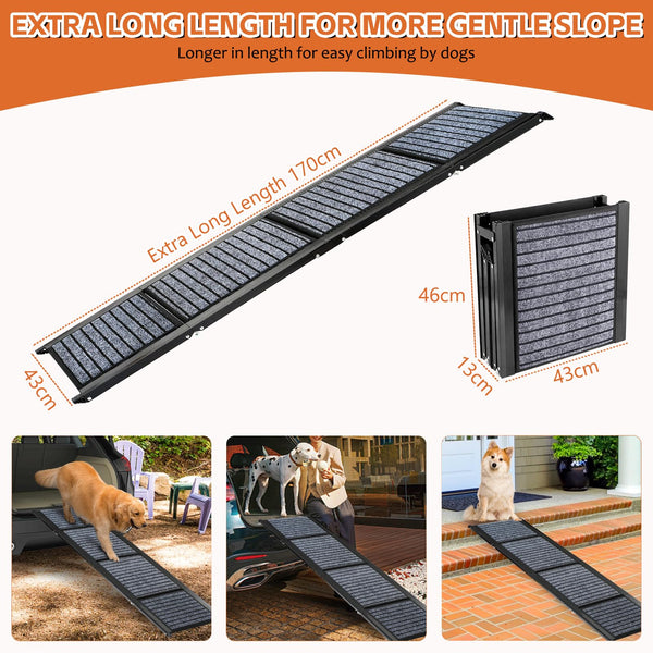 170cm Long Dog Ramp for Cars,43cm Wide Folding Dog Ramp for Large Dogs with High Traction Carpet Surface,Non-slip for Truck,SUV,Portable Pet Ramp Stairs for Medium Large Dog Up to 100kg