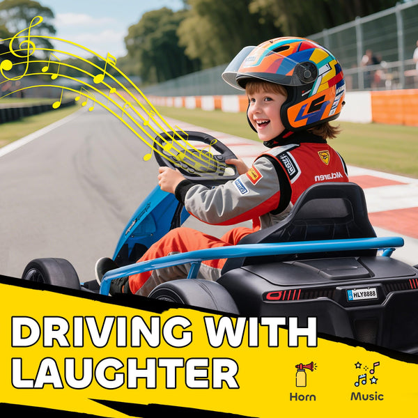 HOMCOM 24V Electric Go Kart for Kids, Ride-On Racing Go Kart with Slow Start, Music, Horn Honking and Safety Belt, for 8-12 Years Old, Blue