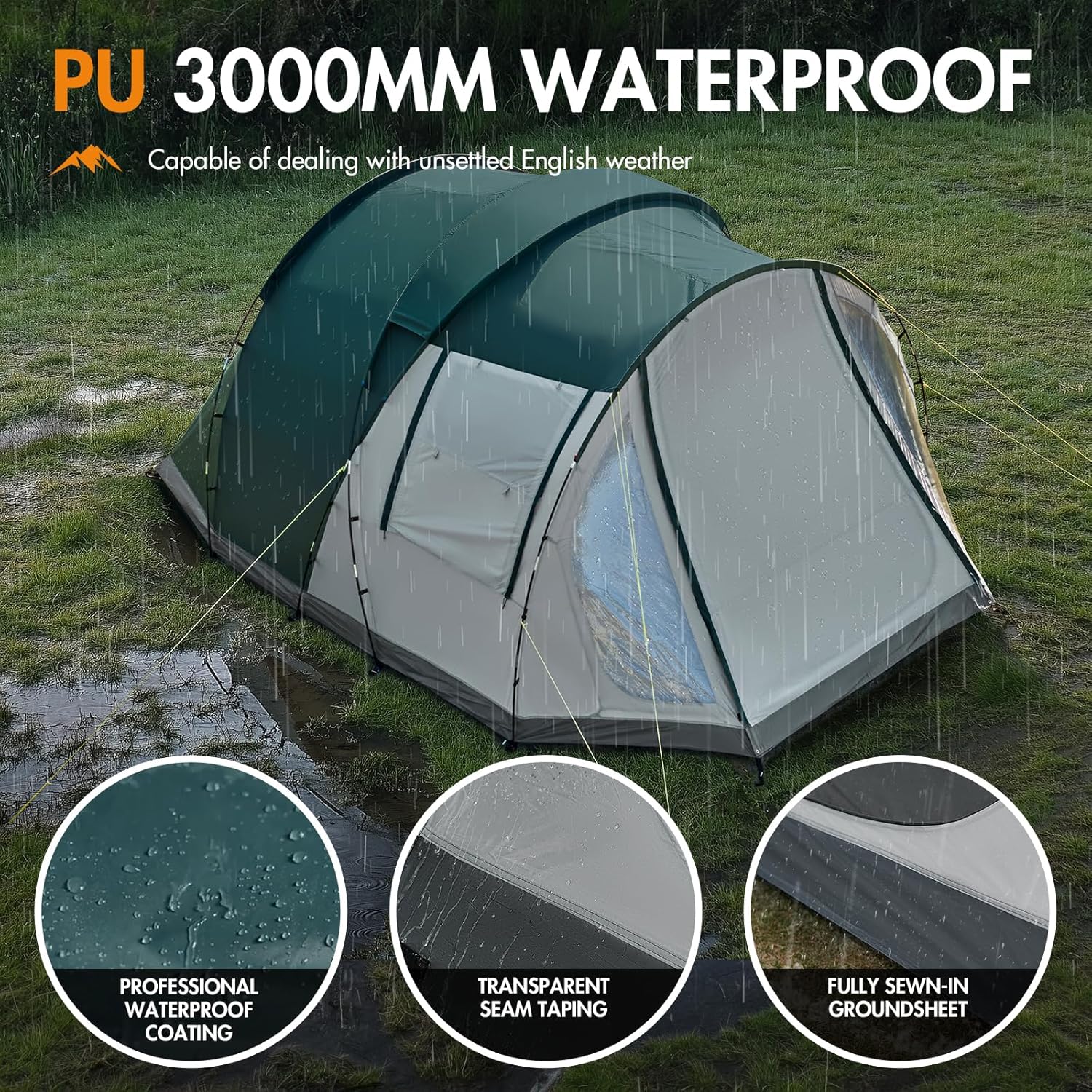 Portal Luxury 5 Man Tent 3000mm Waterproof Large Family Tent with Living Area 4-5 Persons Camping Tall Standing up Height with Fully Sewn-in Groundsheet Extendable Awning Canopy Tunnel 4 Season