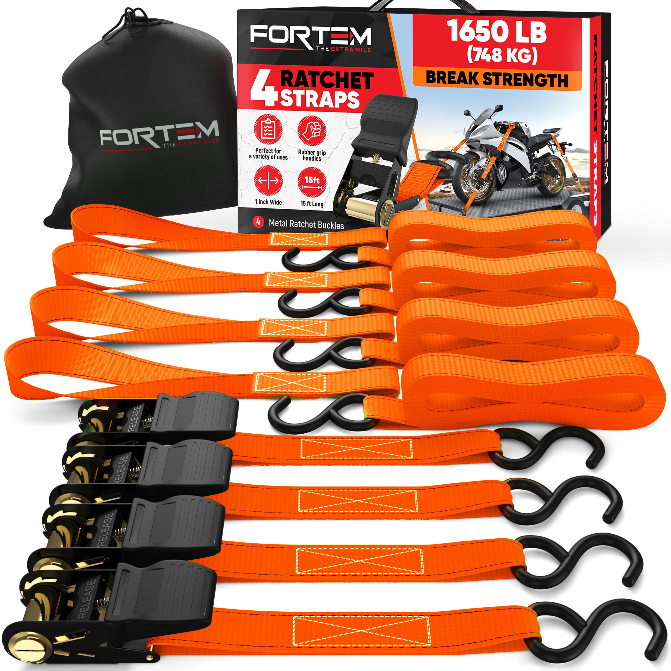 FORTEM Ratchet Straps, 748kg Break Strength, 4 Pack 4.6m x 2.54cm Tie Down Strap Set, 4 Soft Loops, Motorcycle Straps Tie Downs, Cargo Cam Buckles, Rubber Handles, Carry Bag