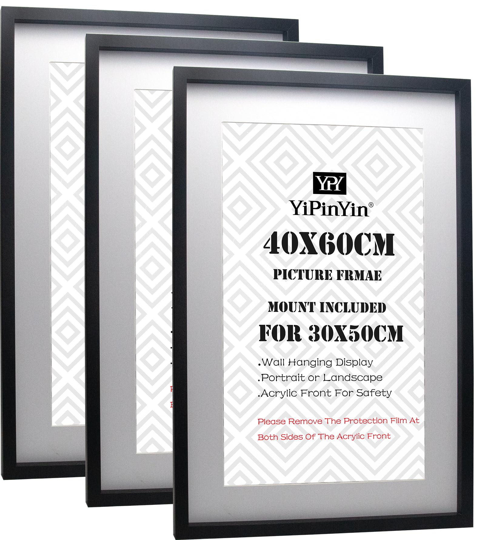 Black 50x70cm Boxed Picture Frames Set of 3 with Mounts for 40x60cm, 70x50cm poster frame with Acid Free mount for 40x60cm photo (Black 3Pack)