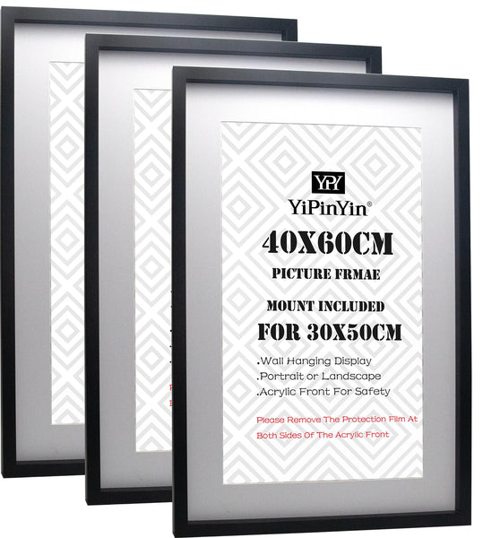 Black 50x70cm Boxed Picture Frames Set of 3 with Mounts for 40x60cm, 70x50cm poster frame with Acid Free mount for 40x60cm photo (Black 3Pack)