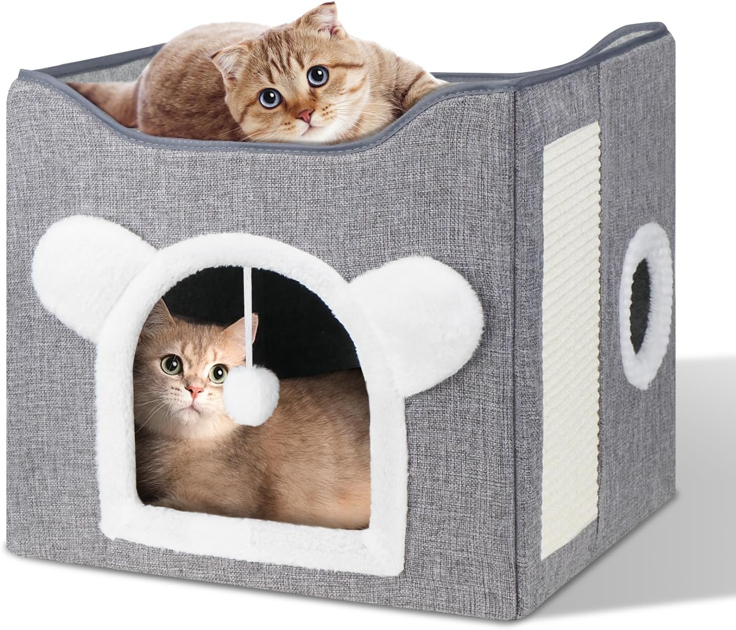 Furjoy Cat Beds, Large Cat Cave for Pet House with Fluffy Ball Hanging and Scratch Pad, Houses & Condos, Cubes, Hideaway, Covered Bed for Multi Small Pet Large Kitty