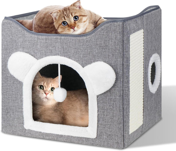 Furjoy Cat Beds, Large Cat Cave for Pet House with Fluffy Ball Hanging and Scratch Pad, Houses & Condos, Cubes, Hideaway, Covered Bed for Multi Small Pet Large Kitty