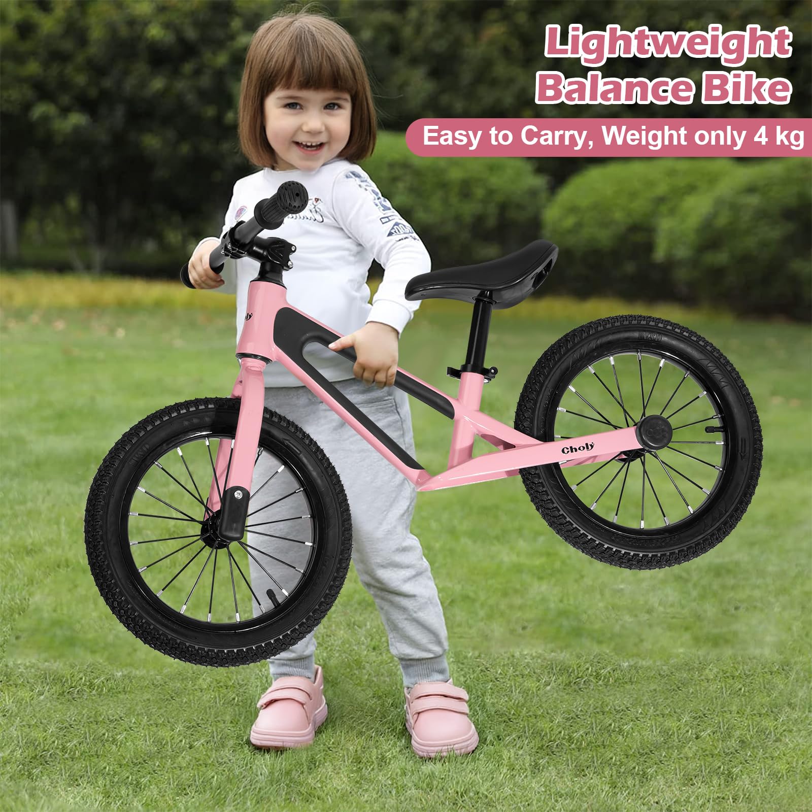 CHOLY 14 Inch Balance Bike for 3,4,5,6 Year Old Boys Girls, No Pedal Kids Bike with Adjustable Seat, Air Tires and Magnesium Alloy Frame, Lightweight Children's Traing Bicycle