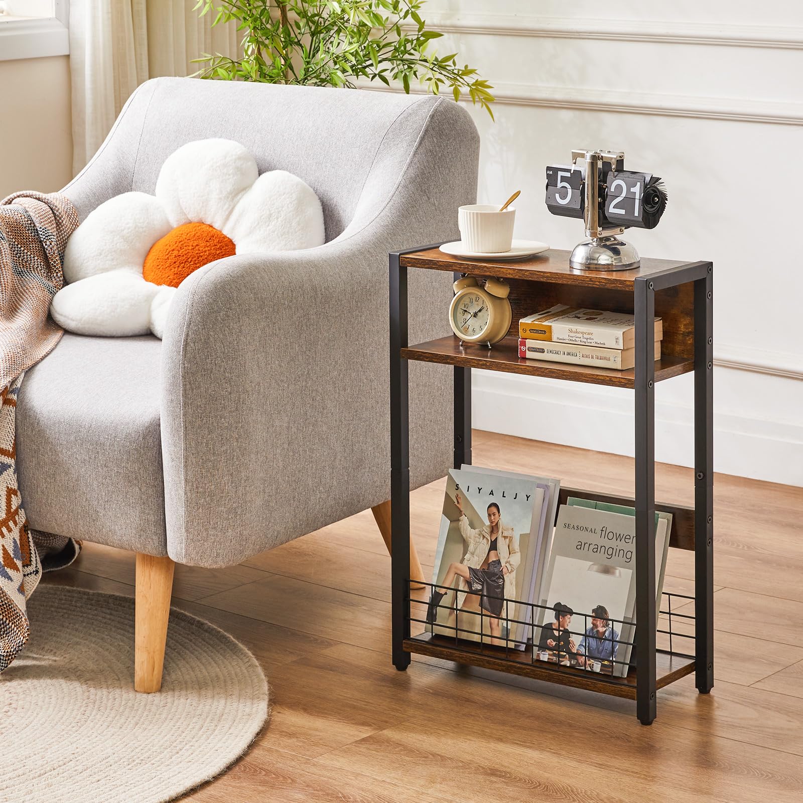 IBUYKE Narrow Side Table with Storage Shelf, 3 Tier End Table,Small Nightstand with Magazine Rack,Telephone Table for Small Spaces,for Living Room,