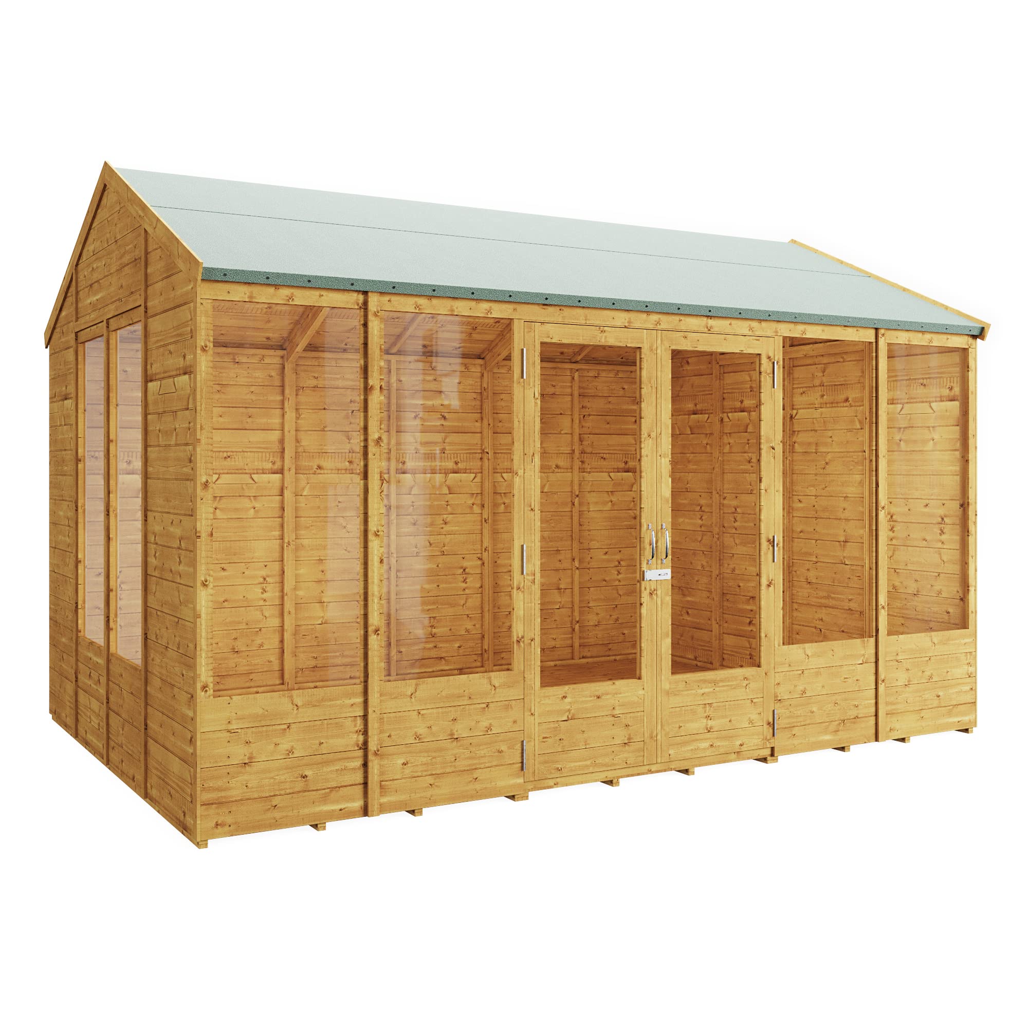 BillyOh Petra 12x10 Reverse Apex Summer House Shed, Log Cabin | Wooden Garden Room with Wide Double Doors, Tear Resistant Felt, Tongue and Groove Construction | Versatile Tiny Home or Garden Office