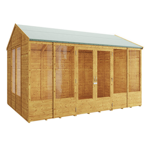 BillyOh Petra 12x10 Reverse Apex Summer House Shed, Log Cabin | Wooden Garden Room with Wide Double Doors, Tear Resistant Felt, Tongue and Groove Construction | Versatile Tiny Home or Garden Office