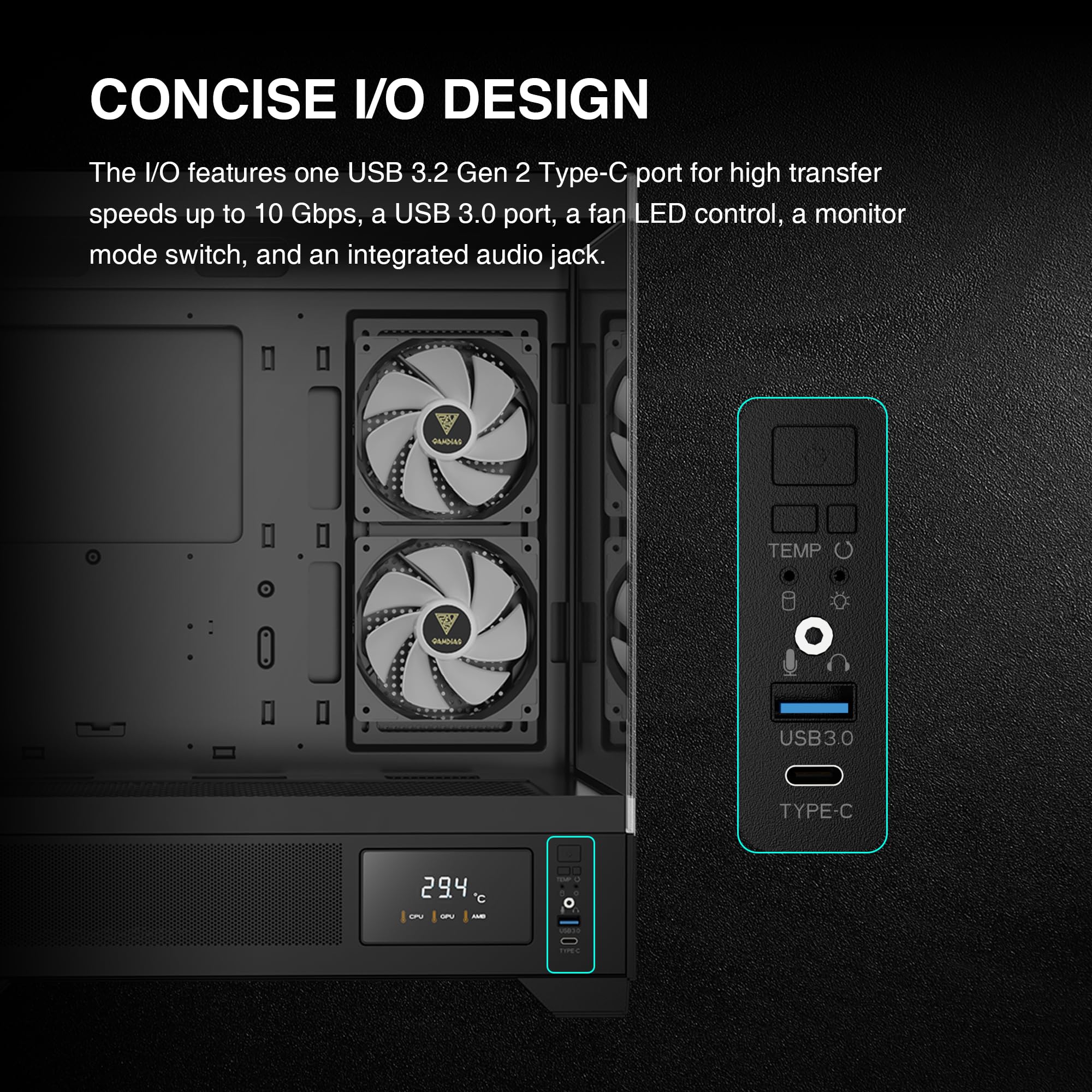 GAMDIAS PC Case, ATX Gaming Mid Tower, No-Hub, Real-time Monitor, Seamless Tempered Glass, Pre-install 3 x 120 mm ARGB PWM Fans, Side Vents Perforated, Black