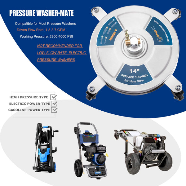 AngeDZ 14" Pressure Washer Surface Cleaner Attachment with 4 Wheels, 1/4" Quick Connector, 2 Extension Wands, 14 Inch Stainless Steel Housing for Max