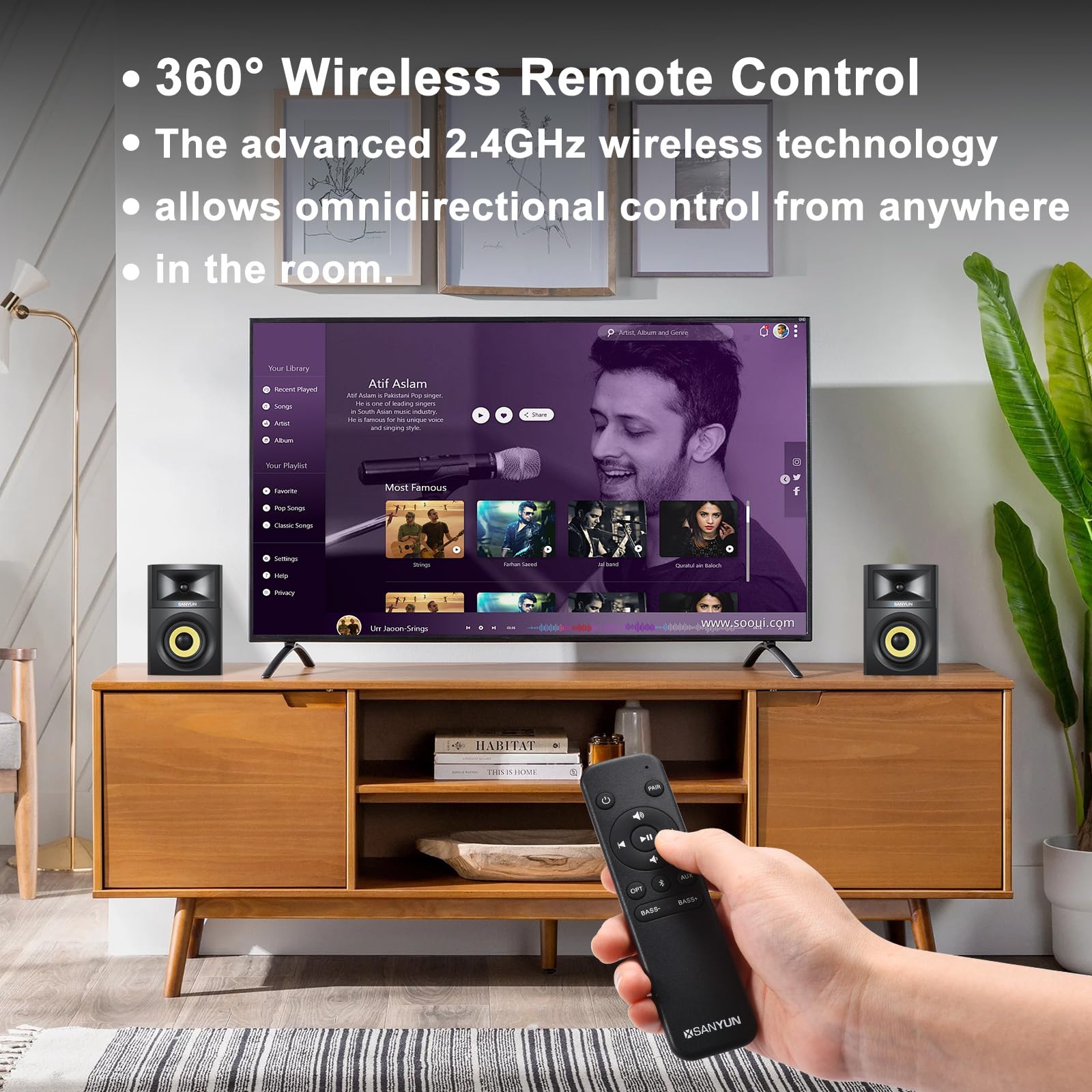 Sanyun SW203 4.0 Computer Speakers - 60W 4-Way DSP Control 3D Immersive Sound - 3" Carbon Fiber Woofer & 20mm Silk Dome Tweeter - 24bit DAC USB/Bluetooth 5.4/AUX - Studio-Grade Audio (Pair, Black)