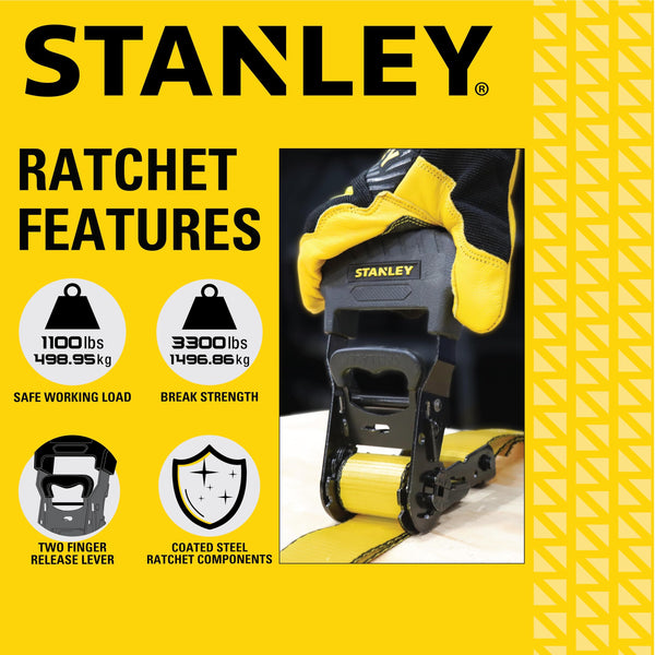 STANLEY S1007 Black/Yellow 1.5" x 16' Ratchet Tie Down Straps - 1,100 lb Safe Working Load / 3,300 lb Break Strength, 2 Pack