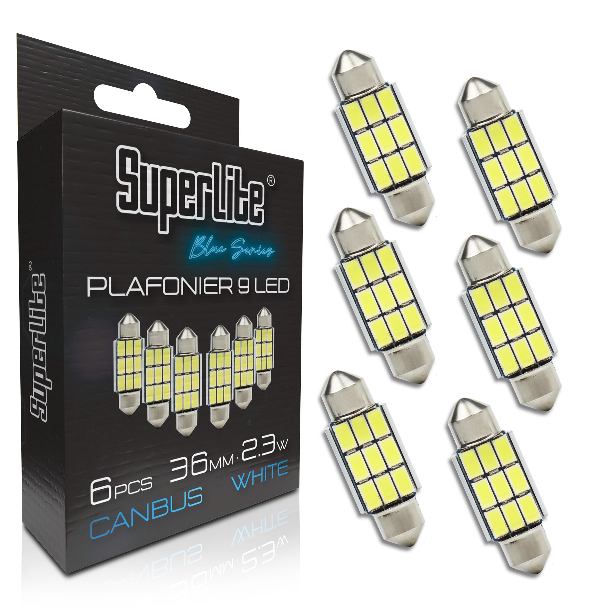 Superlite Set of 2 T10 Bulbs with 18 Leds from the Blue Series range. CanBus Technology and 6500K Colour Temperature. Ideal for Car and Truck.