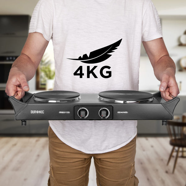Duronic Hot Plate HP2 BK, Table Top Cooking, 2500W Black Steel Electric Double Hob with Handles, 2 Cast Iron Portable Hob Burner Rings (1500W & 1000W)