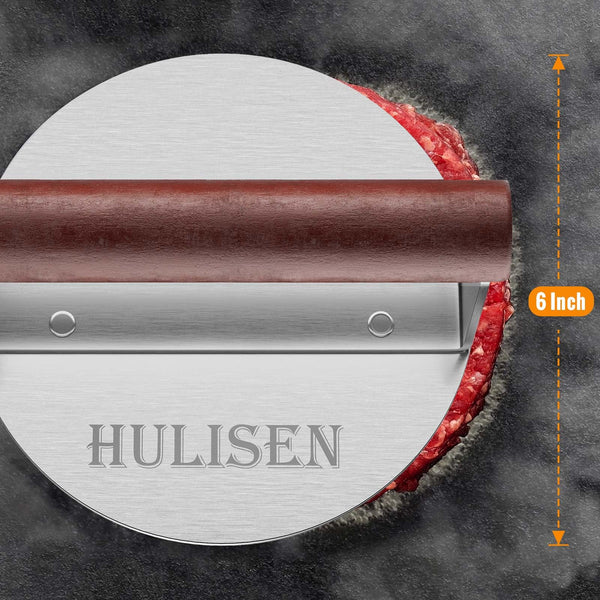HULISEN 8.5-Inch Burger Press, 2.5 lbs Heavy Duty Bacon & Grill Press, Stainless Steel Smashed Burger Press, Round Smasher with Wood Handle, BBQ Griddle Accessories for Hamburger, Steak, Meat…