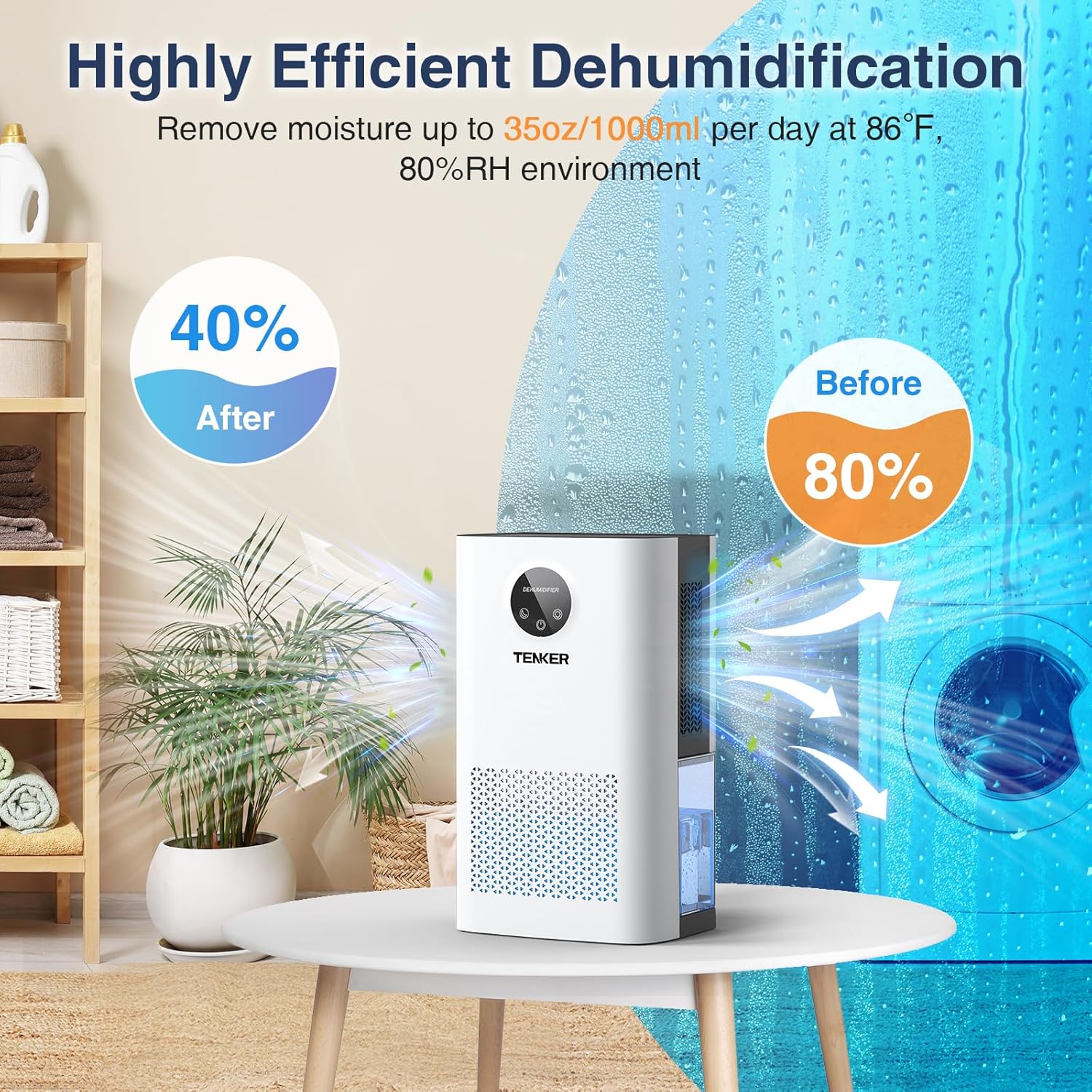 TENKER Dehumidifier, 2.2L (77 OZ) Water Tank Dehumidifiers for Home, 1000 sq.ft Quiet Dehumidifier with Sleep Mode, Auto Shut Off, 7-Color LED Light for Closet Bedroom Bathroom Basement RV, White