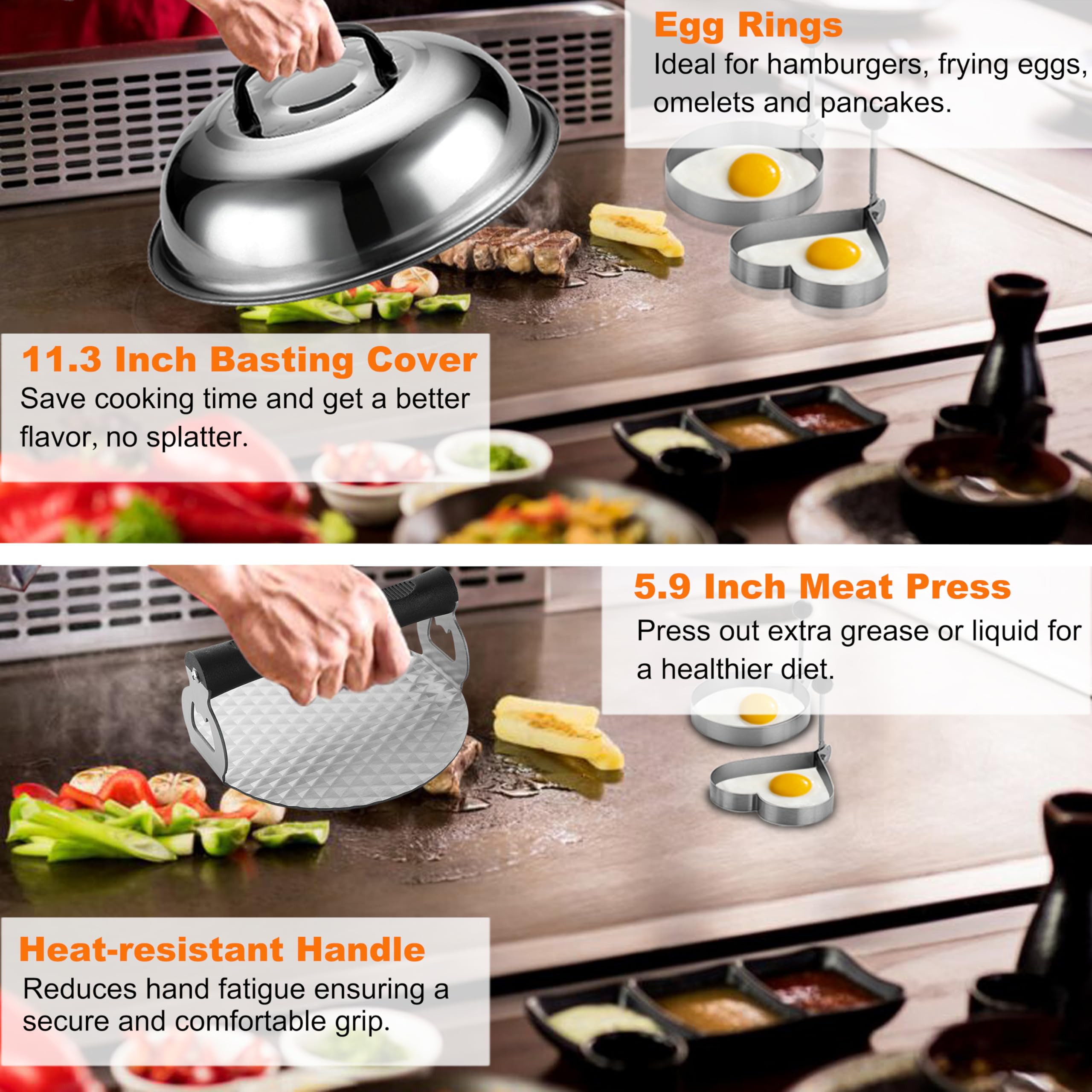 grilljoy Griddle Accessories Kit with Grill Spatula Set and Smash Burger Press, Smash Burger Kit, 28 Stainless Steel Barbecue Accessories for Flat Top