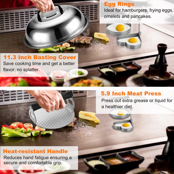 grilljoy Griddle Accessories Kit with Grill Spatula Set and Smash Burger Press, Smash Burger Kit, 28 Stainless Steel Barbecue Accessories for Flat Top