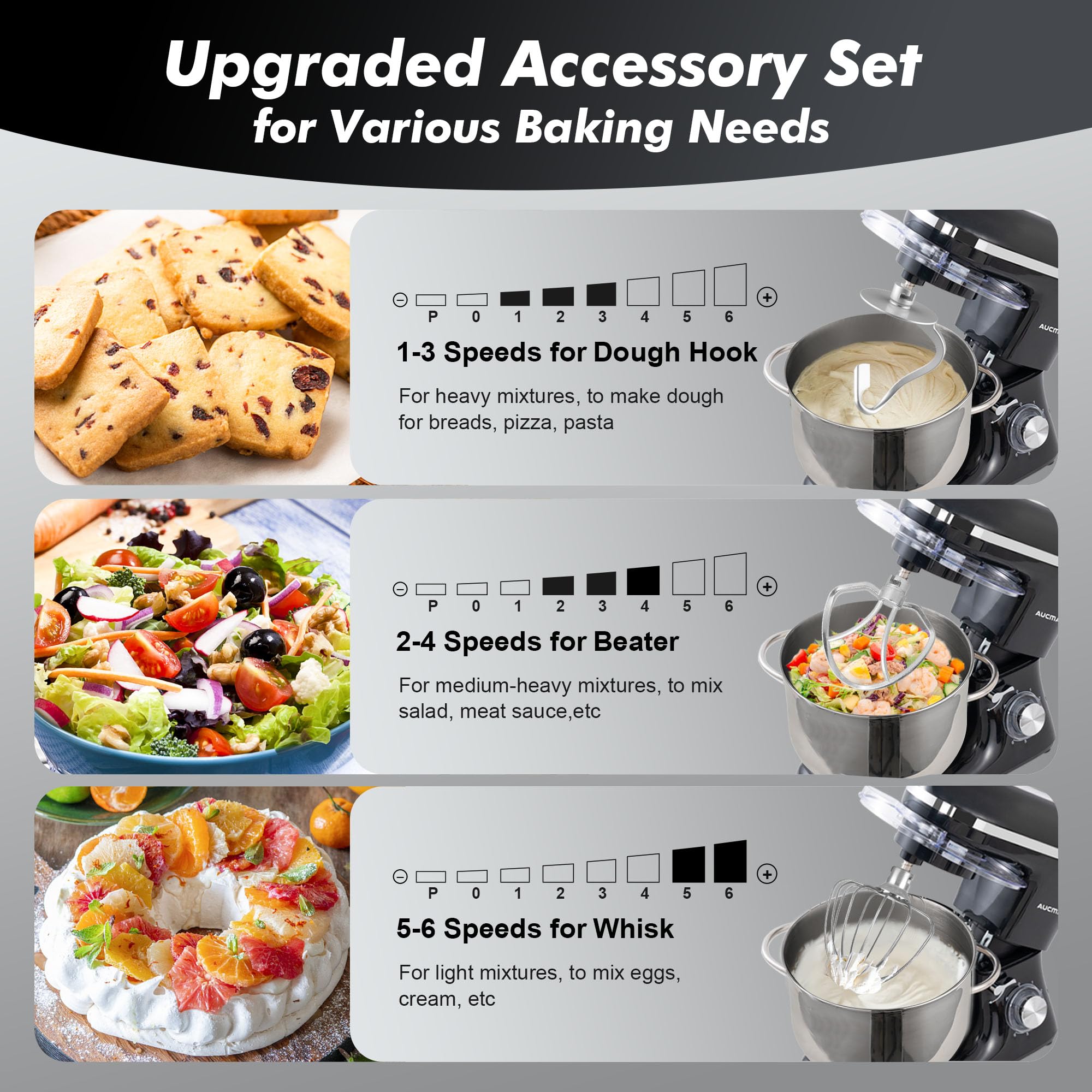 Aucma Stand Mixer, 6.2L Food Mixers for Baking, Electric Kitchen Mixers with Bowl, Dough Hook, Wire Whip & Beater (6.2L, Black)