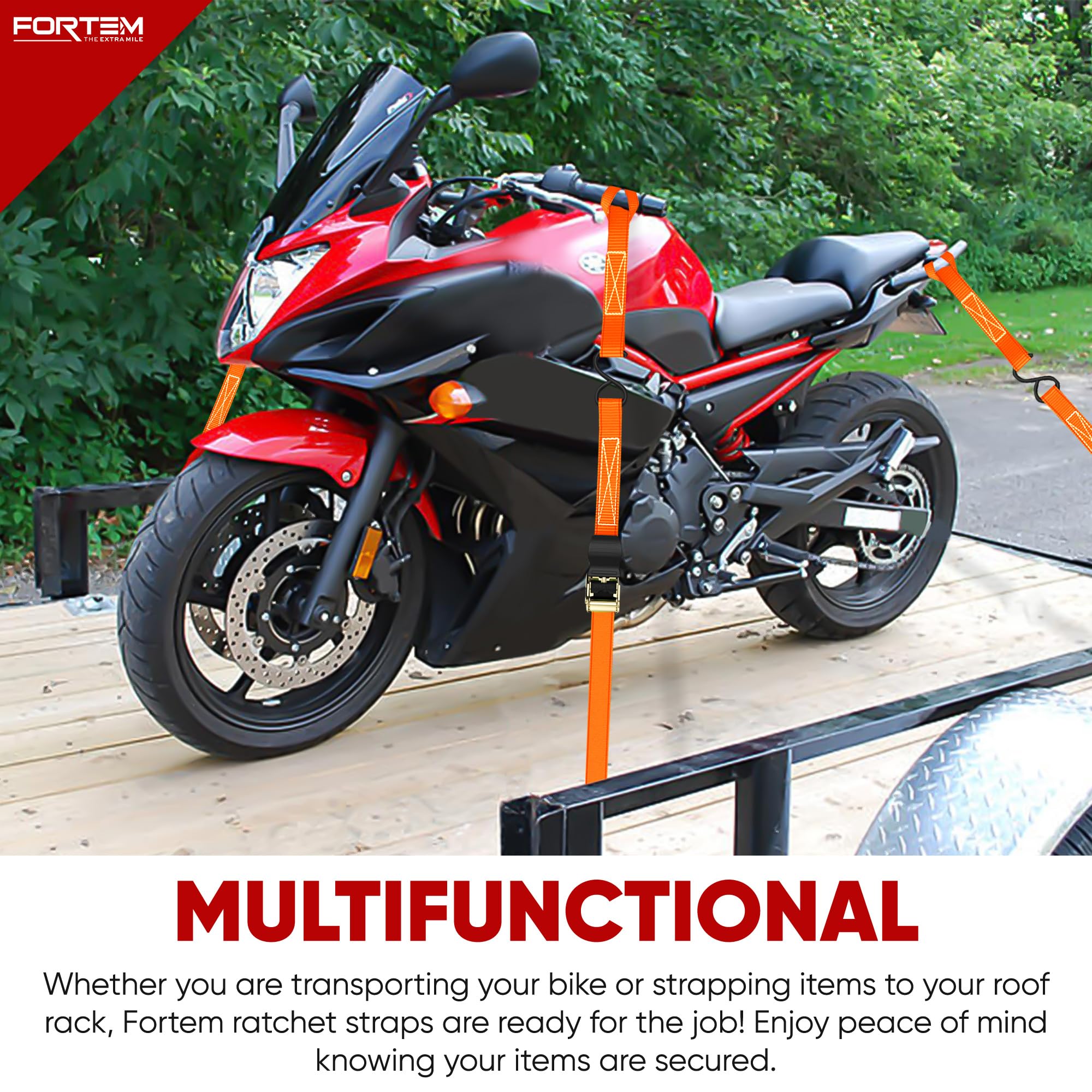 FORTEM Ratchet Straps, 748kg Break Strength, 4 Pack 4.6m x 2.54cm Tie Down Strap Set, 4 Soft Loops, Motorcycle Straps Tie Downs, Cargo Cam Buckles, Rubber Handles, Carry Bag