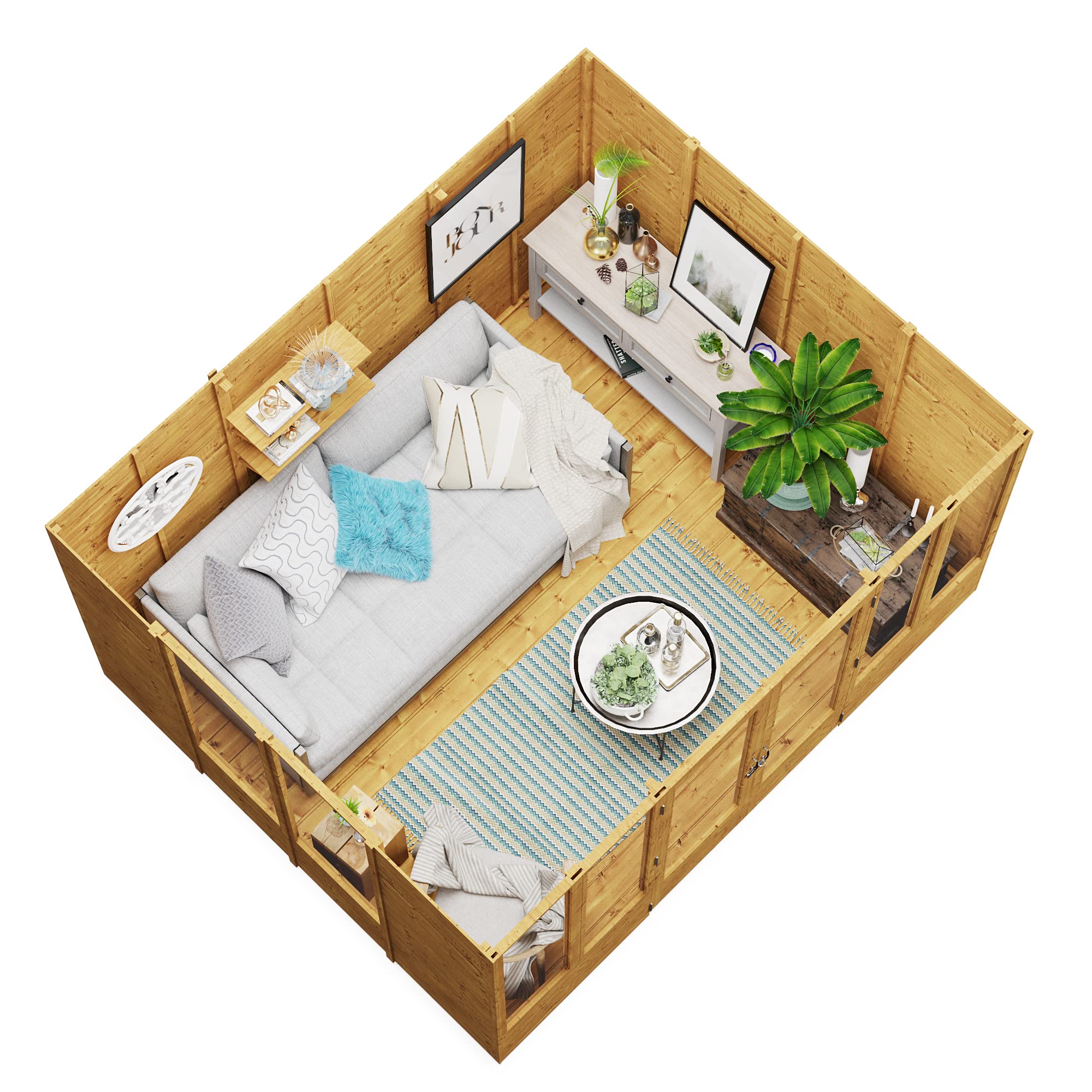 BillyOh Petra 12x10 Reverse Apex Summer House Shed, Log Cabin | Wooden Garden Room with Wide Double Doors, Tear Resistant Felt, Tongue and Groove Construction | Versatile Tiny Home or Garden Office