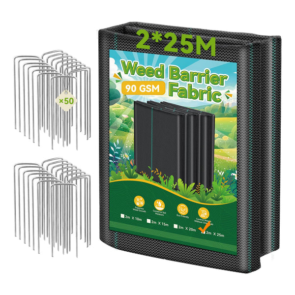 Domusensus Weed Control Membrane 2m x 25m - with 50 U-Shaped Garden Pegs Heavy Duty Weed Control Barrier Fabric Landscape for Vegetable Garden,