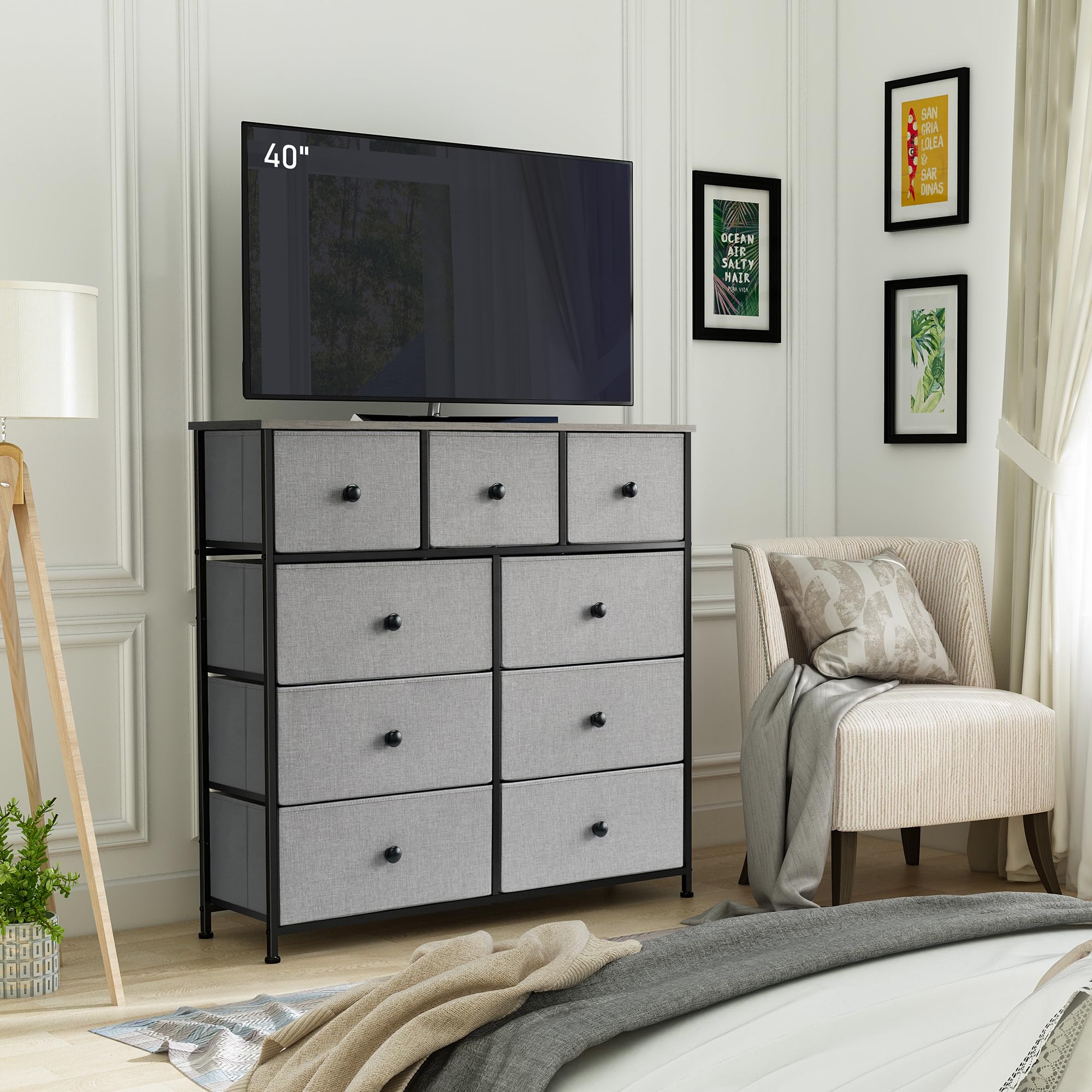 LYNCOHOME Chest of Drawer Bedroom, Drawers Storage Unit, Fabric Dresser with Metal Frame and Wooden Top, for Bedroom Living room, Nursery, Closet