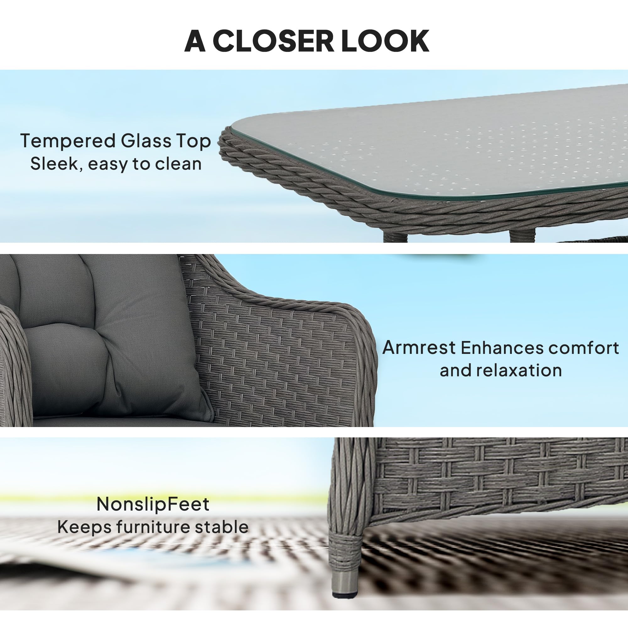 Outsunny 4 Pieces Rattan Garden Furniture Set, Round Wicker Garden Sofa Set with Loveseat, Armchairs and Glass Top Table, Outdoor Conservatory Furniture with Cushions for Patio, Balcony, Light Grey