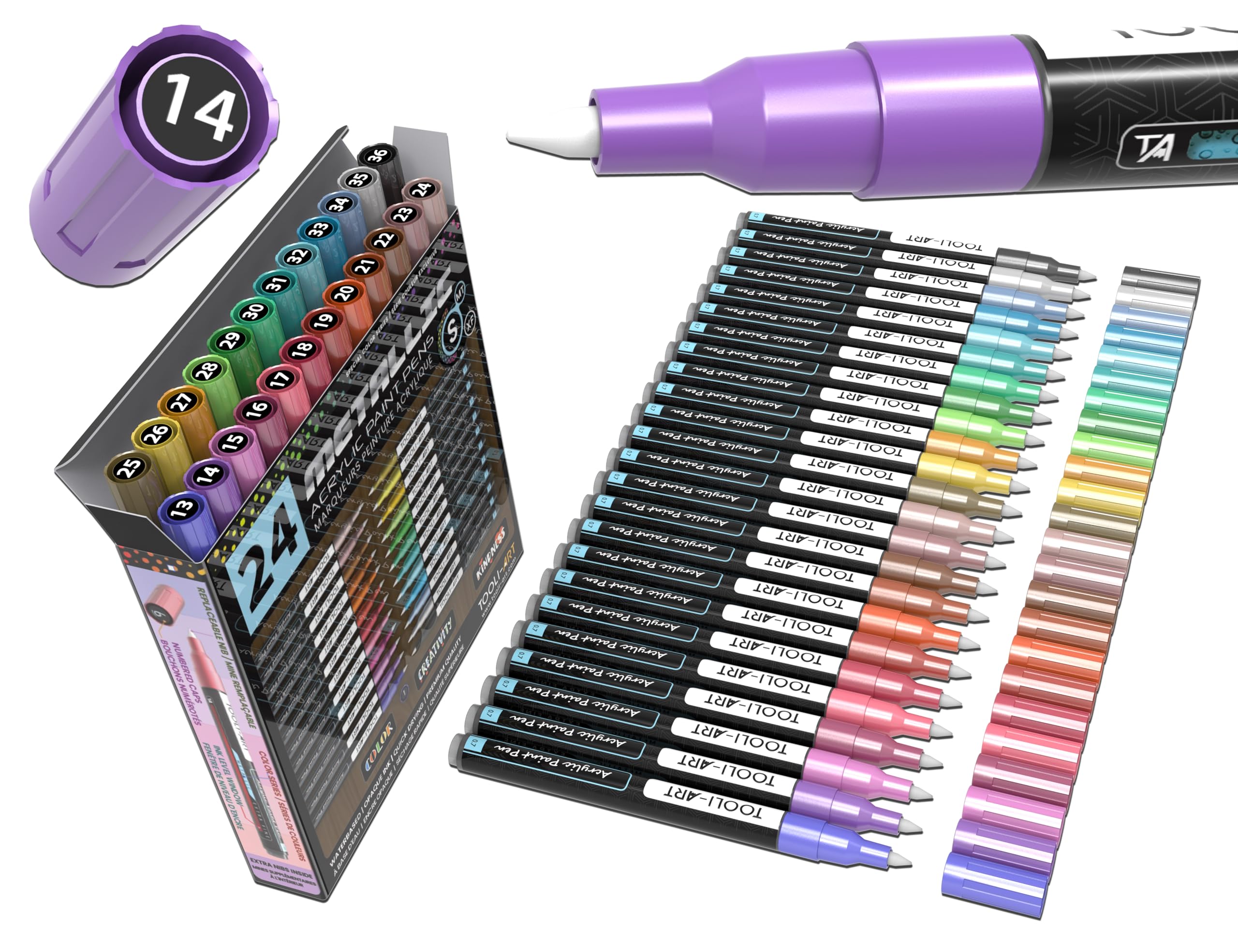 24 Metallic Acrylic Paint Markers Paint Pens Set 0.7mm Extra Fine Tip For Rock Painting, Glass, Mugs, Wood, Metal, Canvas, DIY Projects, Outlining,