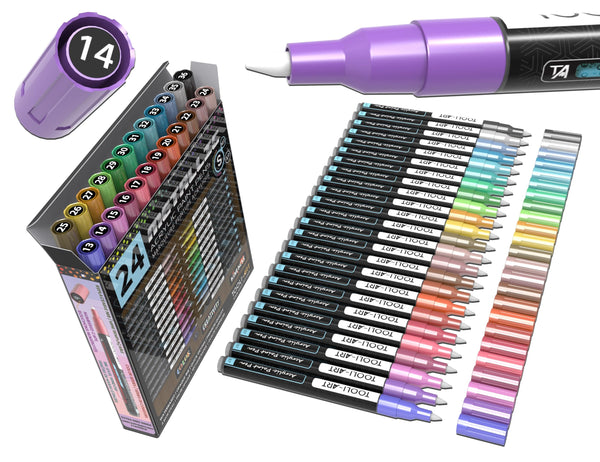 24 Metallic Acrylic Paint Markers Paint Pens Set 0.7mm Extra Fine Tip For Rock Painting, Glass, Mugs, Wood, Metal, Canvas, DIY Projects, Outlining,