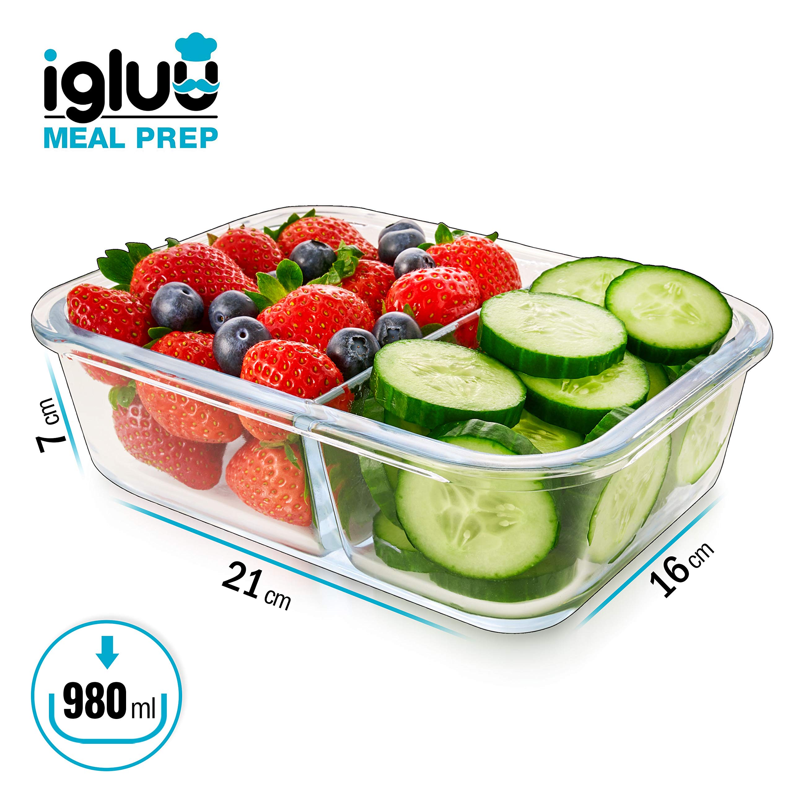 Igluu Meal Prep Glass 2 Compartment Container with Airtight SnapLock Lids - Portion Control Food Storage - BPA Free - Microwavable, Dishwasher,