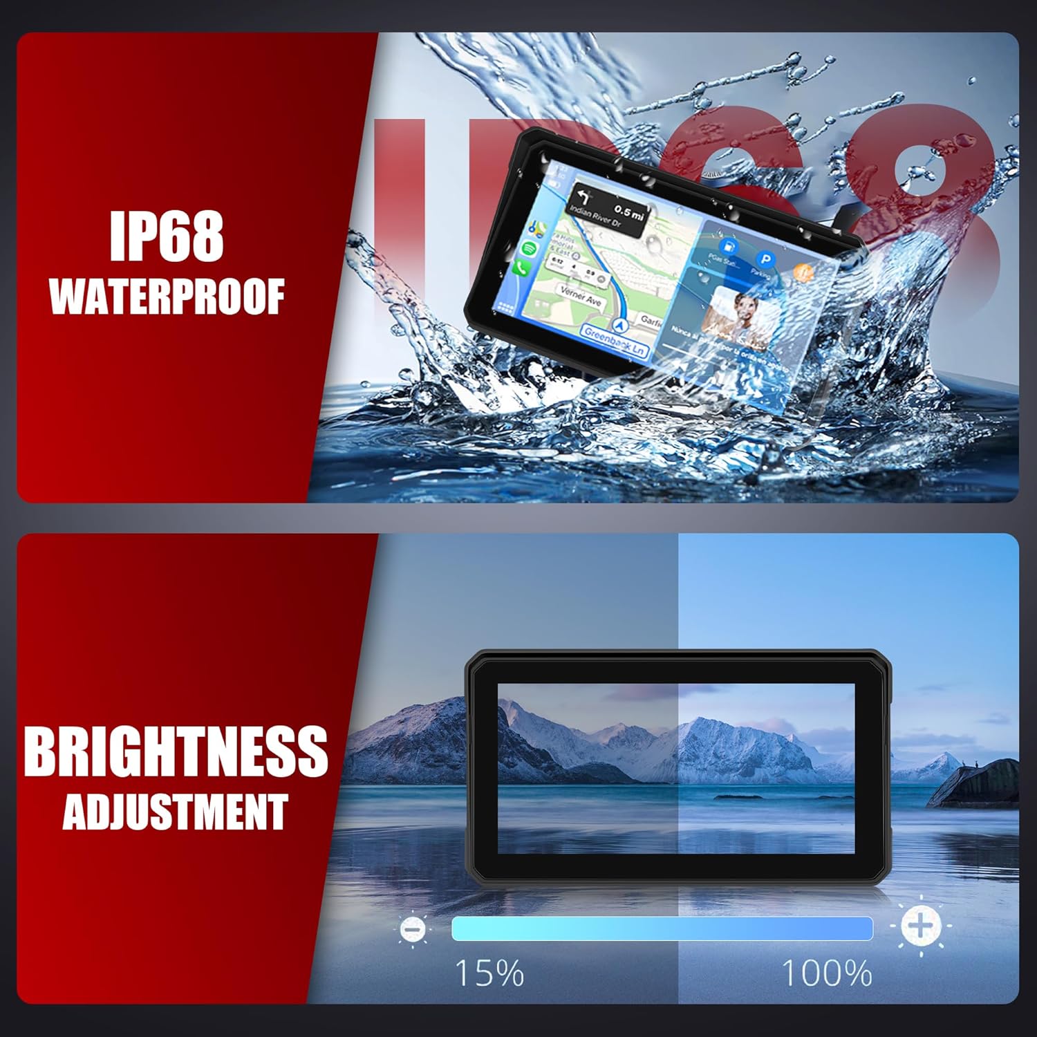 Motorcycle Carplay Screen with Bluetooth, 6 Inch Touchscreen Wireless CarPlay & Android Auto Airplay Screen for Moto GPS Navigation for Motorbike Waterproof, Voice Control, Voice Assistant, TF