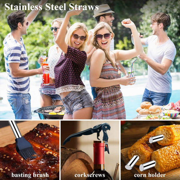 ROMANTICIST 26pcs Extra Thick Stainless Steel Grill Tool Set for Men, Heavy Duty Grilling Accessory Kit for Backyard, BBQ Utensils Gift Set with Meat Thermometer in Aluminum Case for Birthday Brown