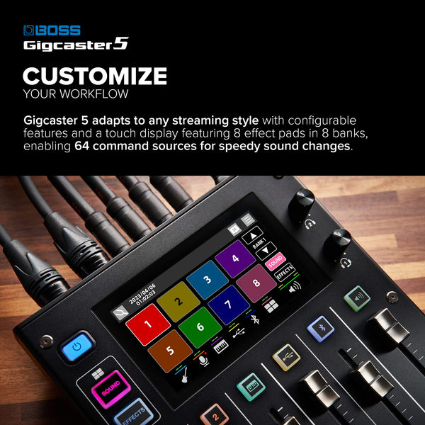 BOSS Gigcaster 8 | 8-Channel Audio Streaming Mixer with Direct Guitar/Bass Input | 4 XLR/TRS Combo Inputs | Built-In Stereo Mic | 8 SFX Pads | 20x14 USB Audio Interface | Onboard Recording | Bluetooth