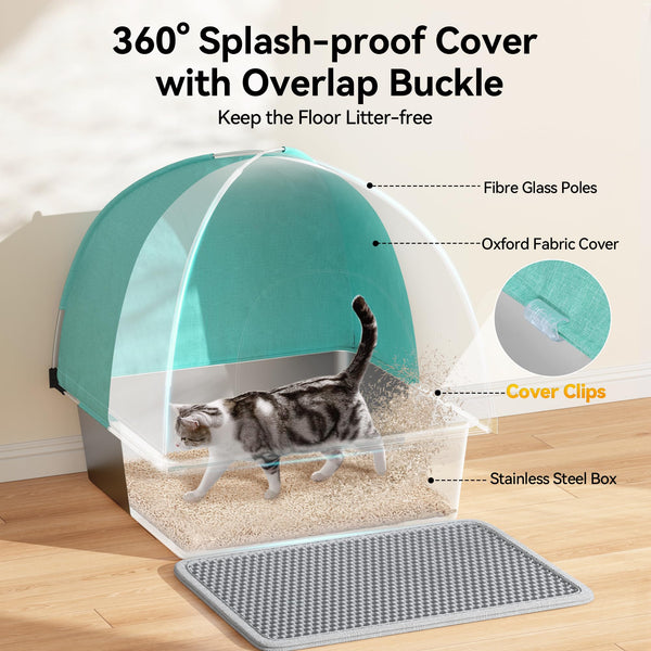 MeoWant Cat Litter Box Stainless Steel, Enclosed Litter Pan for Big Cat with Cloth Cover Canopy, Never Absorbs Odor, Non Stick Surface, XXL Extra Large Litter Tray, Detachable, Easy Clean, White