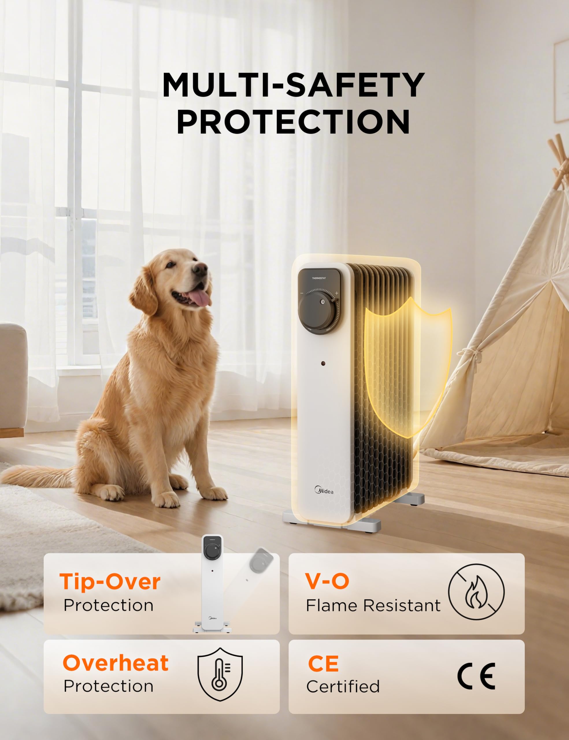 Midea Oil Filled Radiator, 2300W, 11-Fin Portable Electric Heater with Knob Controls, Adjustable Thermostat, 3 Heat Settings, Tip-Over & Overheat Protection, UltraQuiet Operation for Office & Home Use