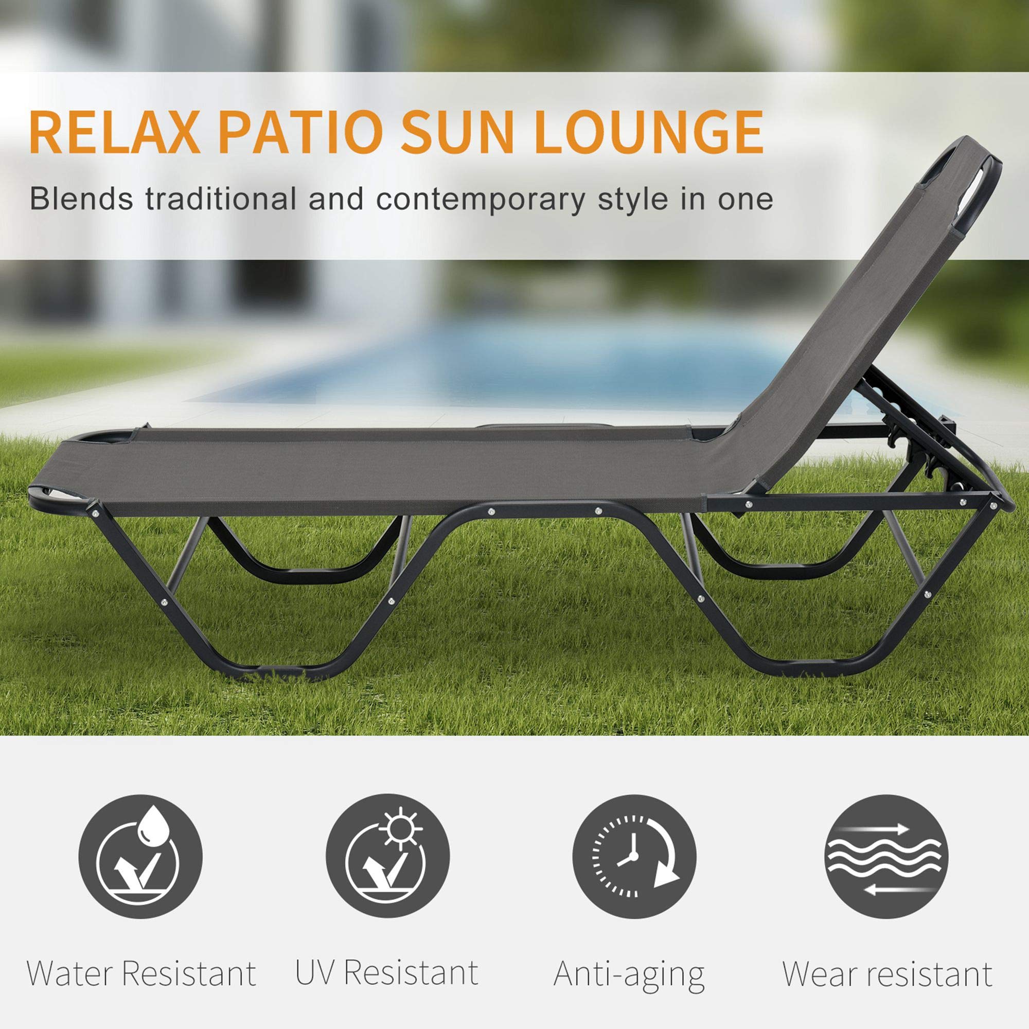 Outsunny Sun Lounger Relaxed Recliner with 5-Position Adjustable Backrest Aluminium Frame for Pool or Sun Bathing Light Grey