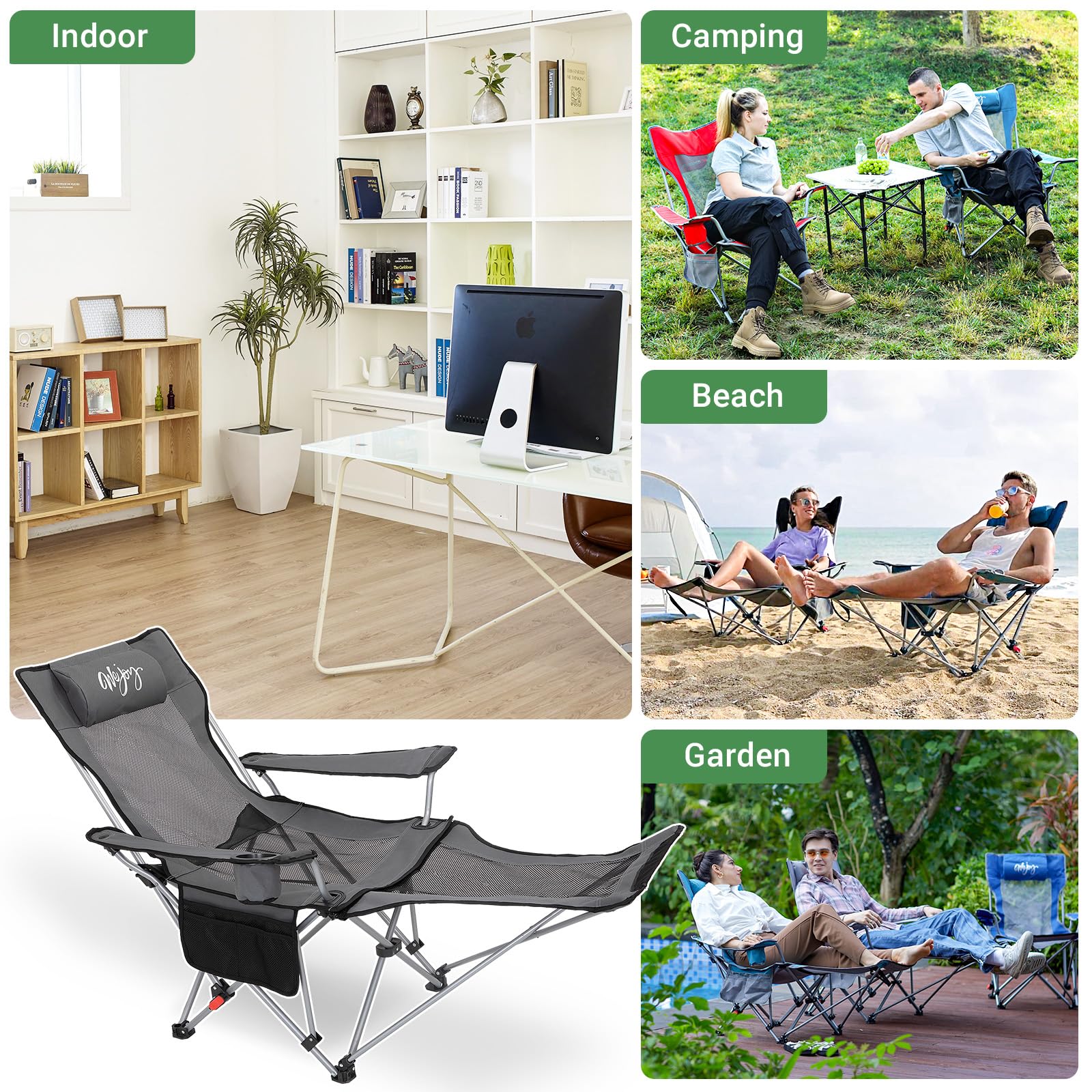 #WEJOY Camping Chairs Folding Recliner Chair Adjustable with Detachable Footrest Headrest Cup Holder Lightweight Portable Reclining Camp Chair Fold Up Chair for Outdoor Beach Garden, Cyan Set of 2