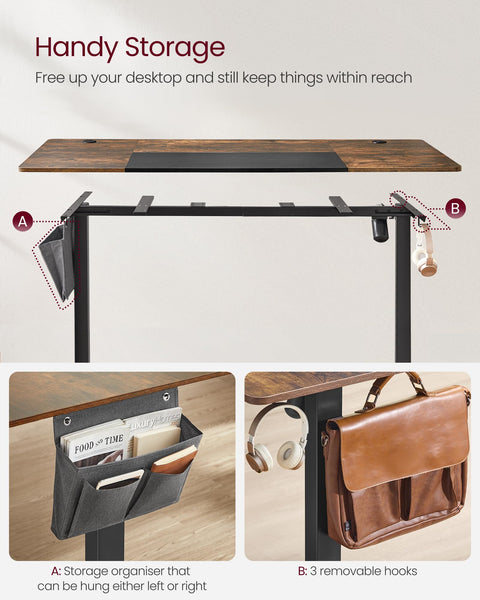 VASAGLE Electric Standing Desk, Height Adjustable Desk, 60 x 140 x (72-120) cm, 4 Memory Heights, Storage Pocket, for Home Office, Study, Rustic Brown and Ink Black LSD134K02