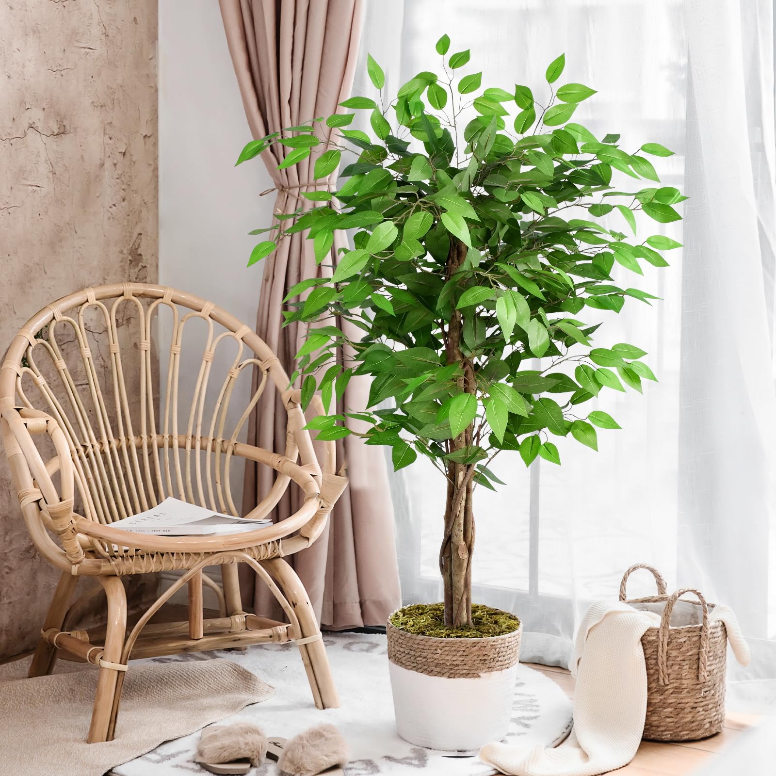 Keeplush 5ft Ficus Artificial Trees with Natural Curved Trunks, 150cm Tall Artificial Plants Tree for Indoor, Fake Ficus Tree Green Lifelike Home