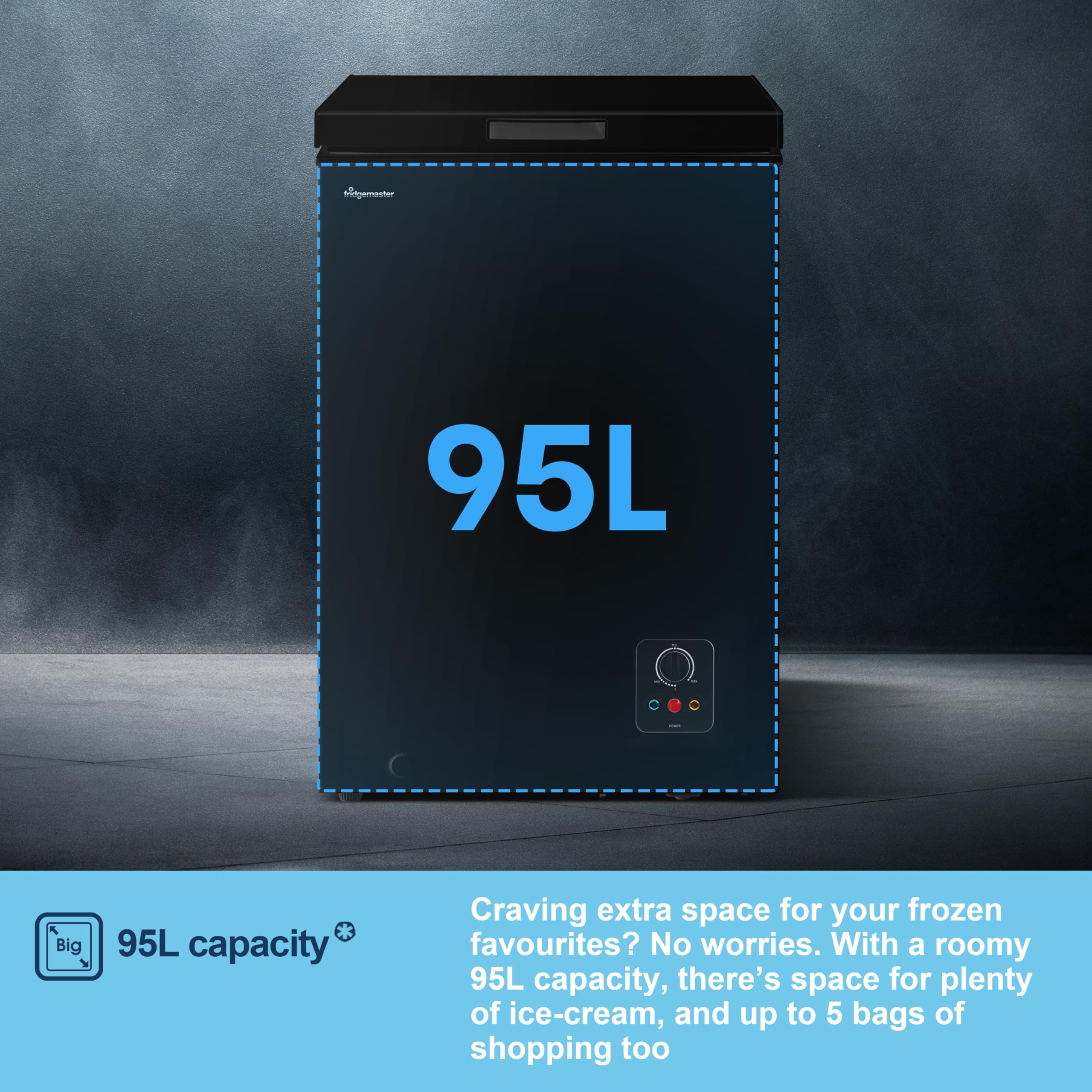 Fridgemaster MCF142EB 142L Chester Freezer 4 Star Freezer Rating - 55.9D x 62.5W x 85.4H cm Black with Recessed Handle - E Rated