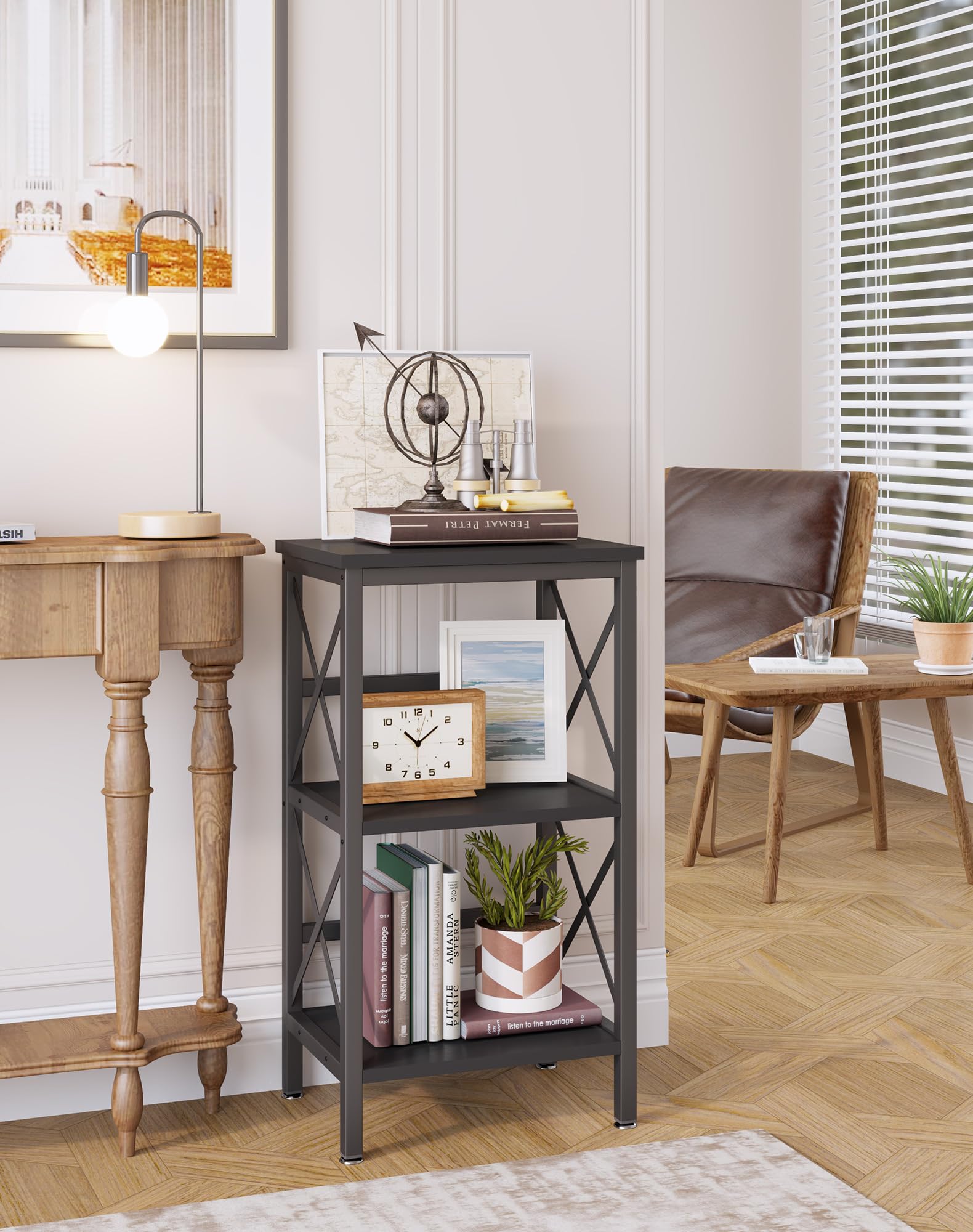 YMYNY Bookcase, 3 Tier Storage Rack, Plant Rack, Storage Microwave Shelf with Steel Frame, for Living Room, Kitchen, Office, Study Hall, Industrial