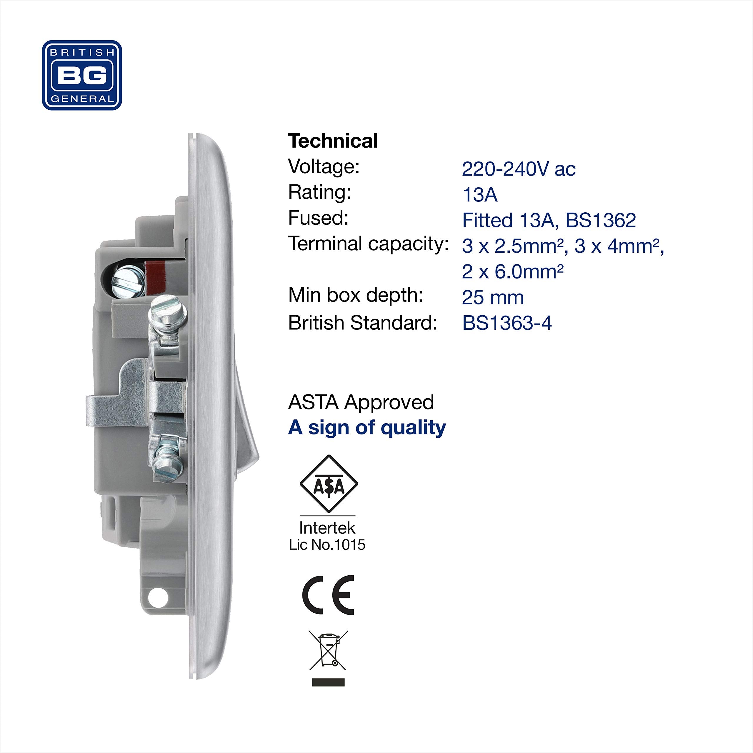 BG Electrical Cooker Switch with Socket and LED, Cooker Control Unit, Control Socket, Double Pole, Raised Profile, Round Edges, Nexus Metal, Brushed Steel, Grey Inserts, 45A, NBS70G