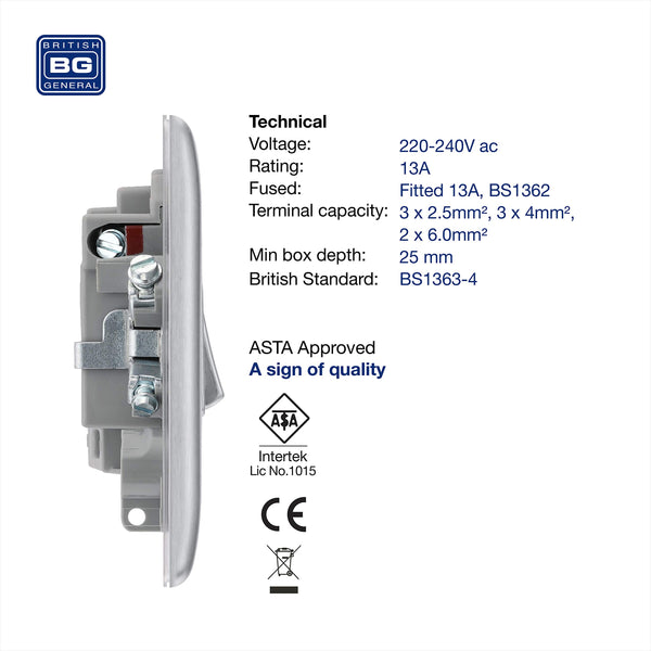 BG Electrical Cooker Switch with Socket and LED, Cooker Control Unit, Control Socket, Double Pole, Raised Profile, Round Edges, Nexus Metal, Brushed Steel, Grey Inserts, 45A, NBS70G