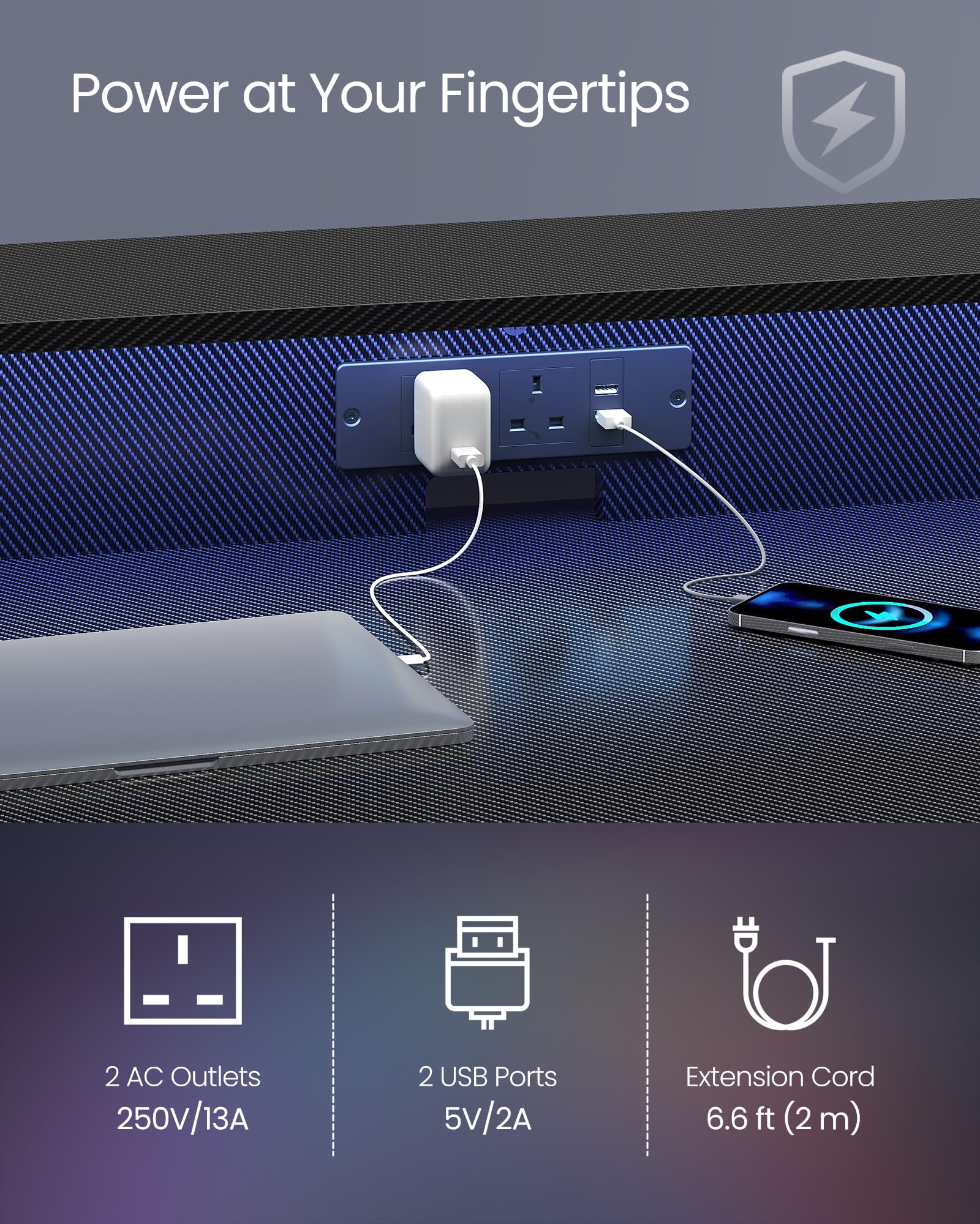 VASAGLE Gaming Desk with LED Lights and Built-In Power Outlets, Computer Desk with Monitor Shelf, Gaming Table for 2 Monitors, Office Desk, for Bedroom, 60 x 120 x 76 cm, Carbon Black LWD292B02