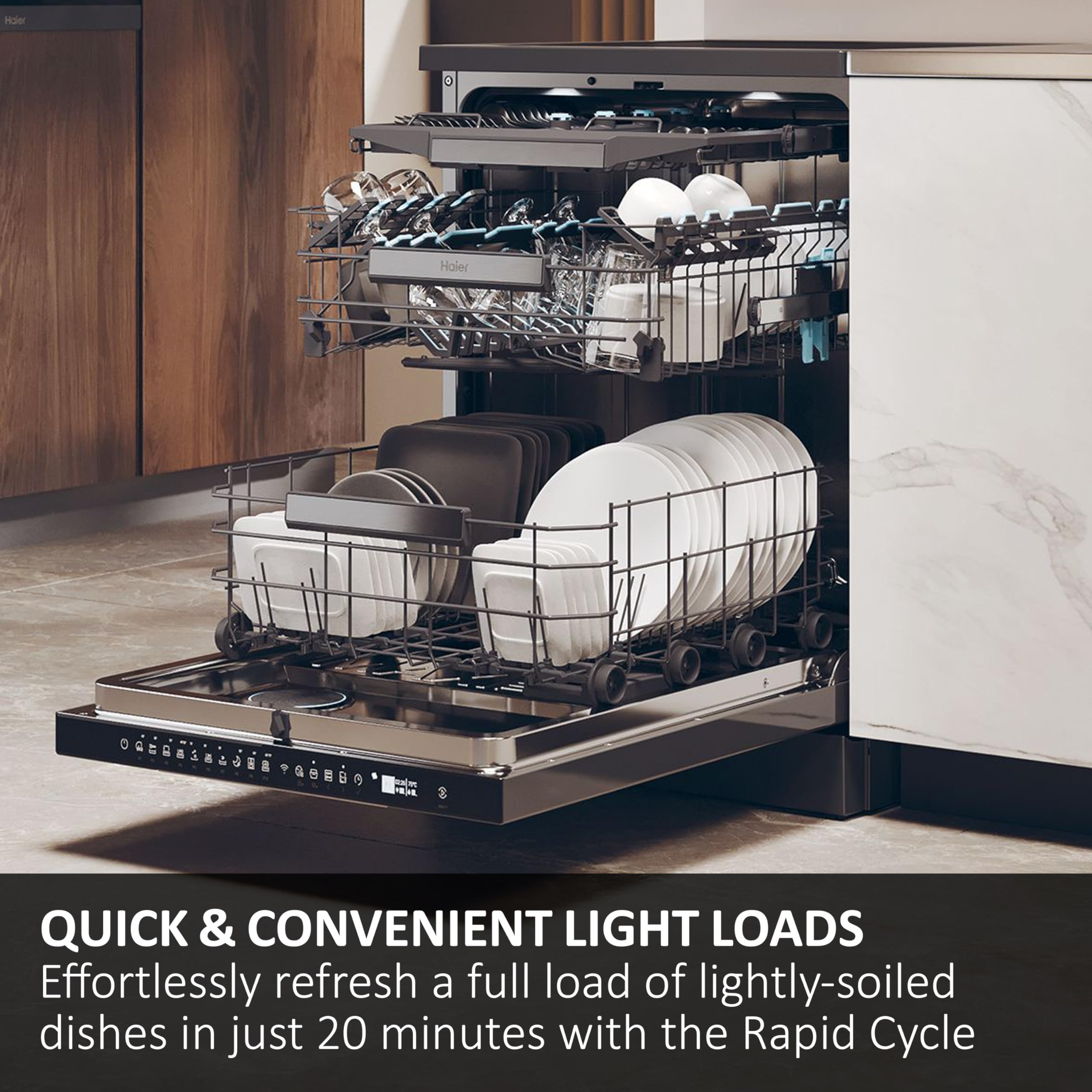 Haier XI1C3TB2FB-80 I-Pro Shine Series 4 Integrated Dishwasher, 11 place Setting, Black Bezel, C Rated