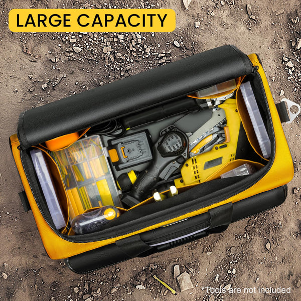 WINHUNT Open Mouth Tool Bag, Heavy Duty Electrician Tool Bags, Tool Storage Organiser with Waterproof Hard Base, Yellow/Black, 16 Inch