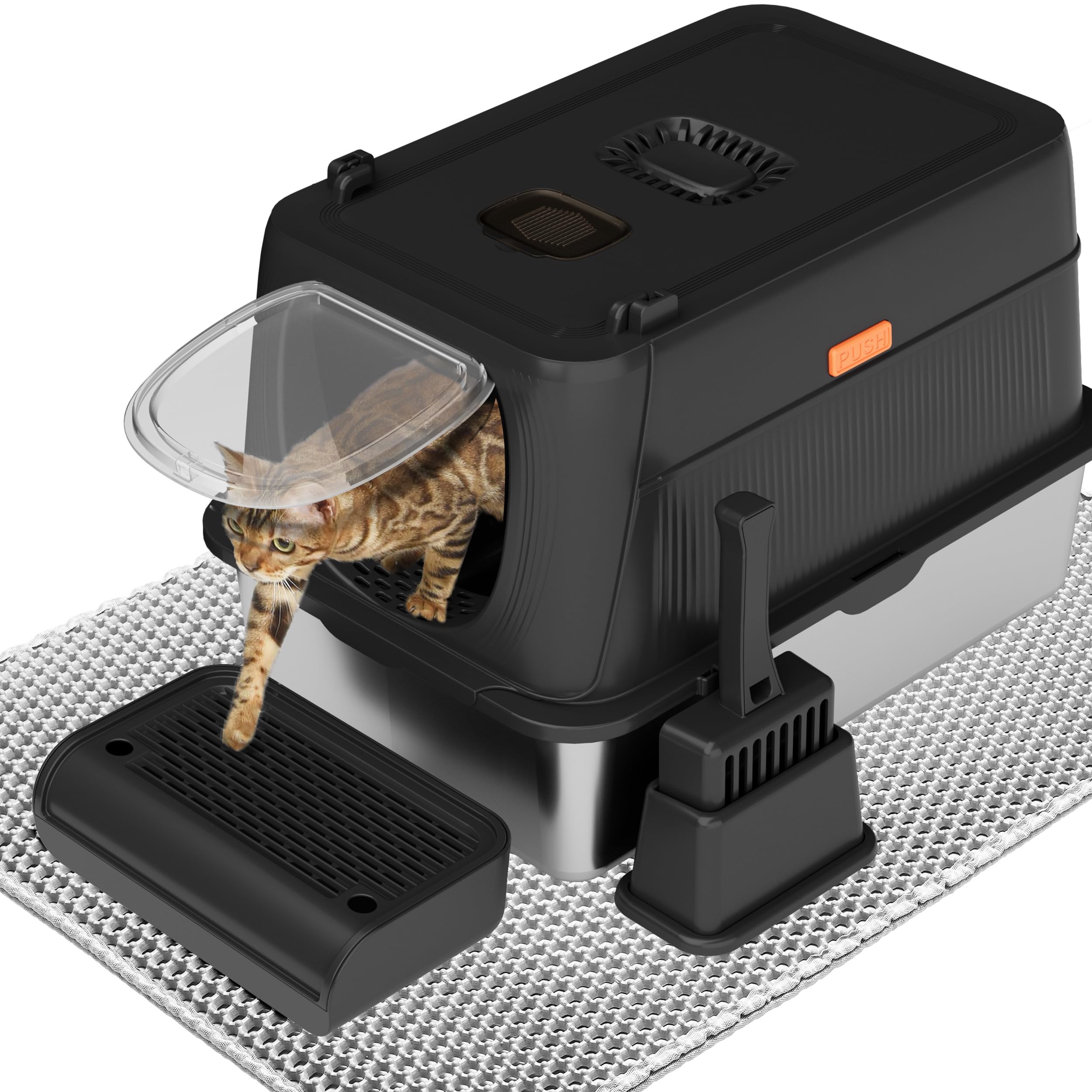 Citylife XL Stainless Steel Cat Litter Box with Lid, Extra Large Enclosed Removable Metal Litter Tray with Litter Scoop&Double Layer Litter Mat, Non-Sticky, Non-Odor, Easy Cleaning, for Big Cats